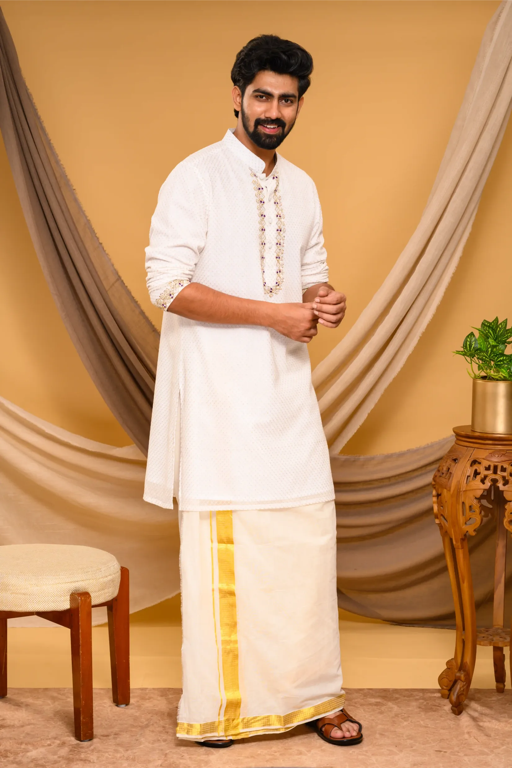 Ivory Chikankari Kurta with Hand Embroidery detailing  on placket & sleeve edge (Kurta Only)