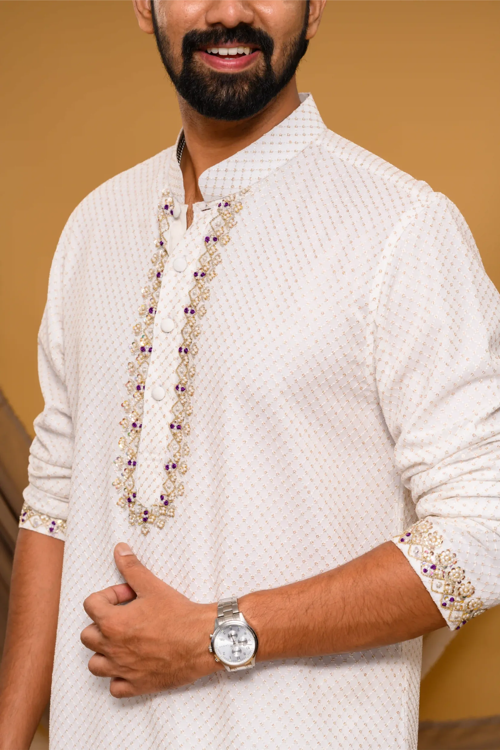 Ivory Chikankari Kurta with Hand Embroidery detailing  on placket & sleeve edge (Kurta Only)