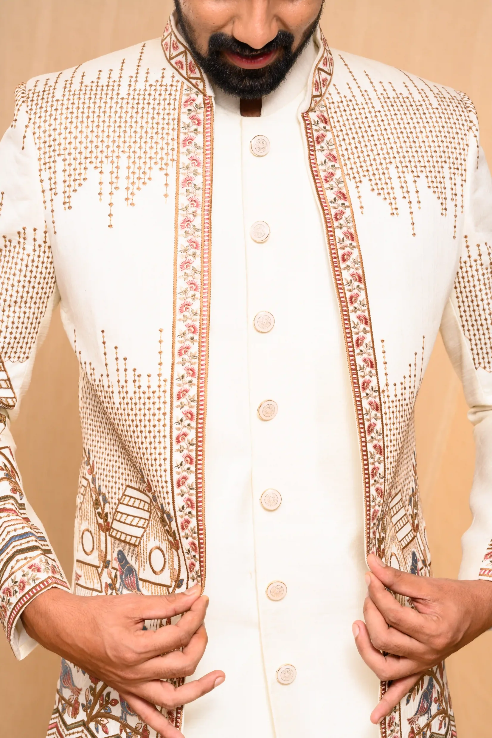 Embroidered Ivory Shade Open Indo Western Slim Jacket paired with Kurta & Narrow Pants  (Set of 3)