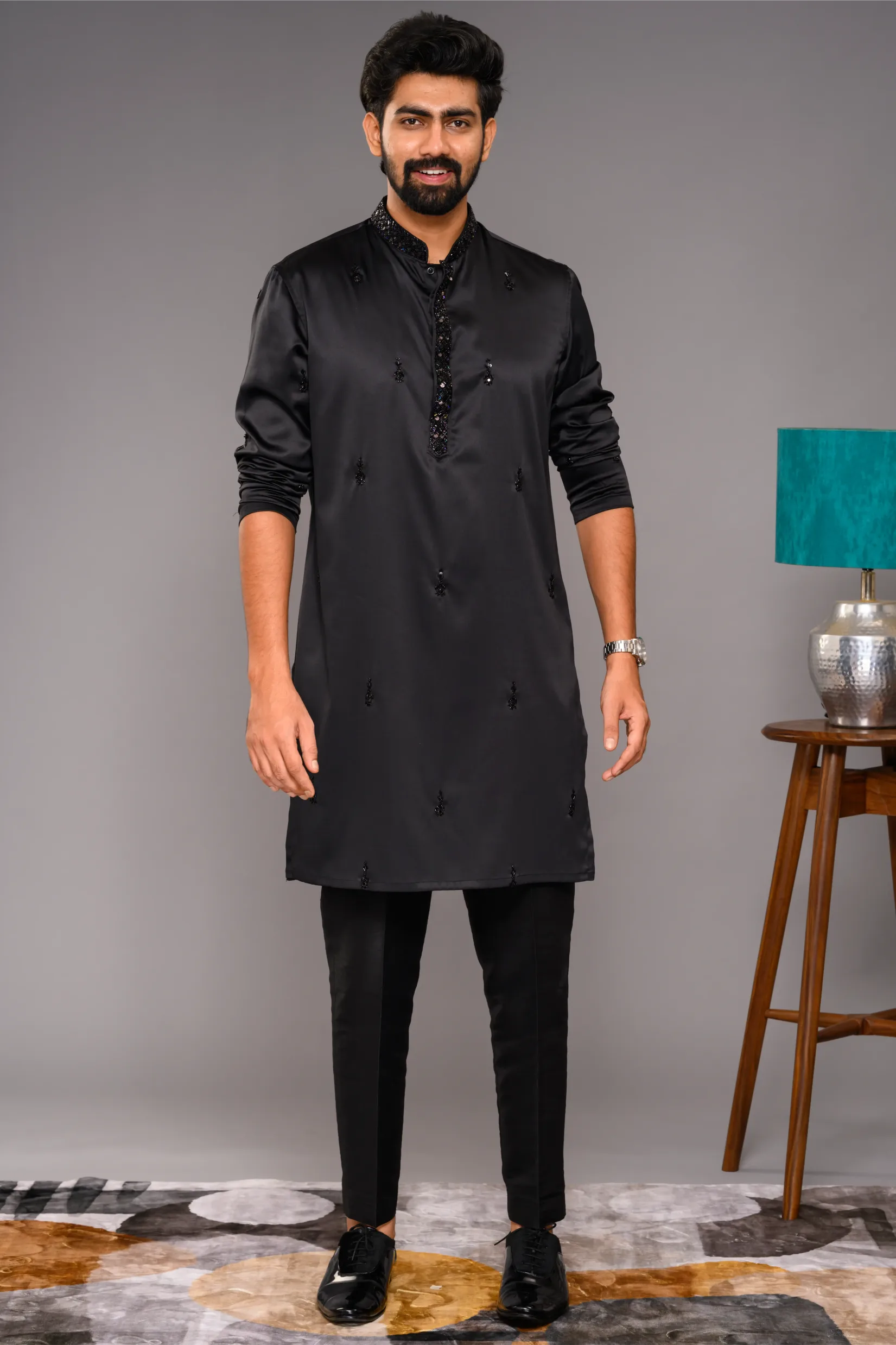 Festive Glossy Black Kurta with Hand Embroidery Detailing (Kurta Only)