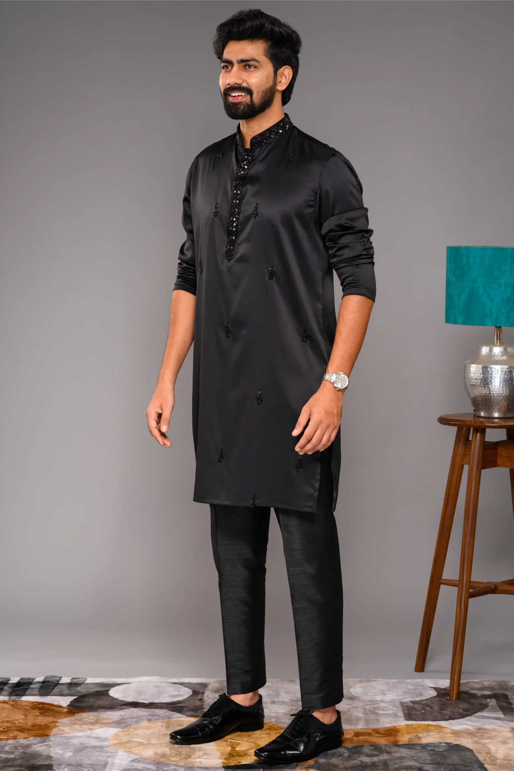 Festive Glossy Black Kurta with Hand Embroidery Detailing (Kurta Only)