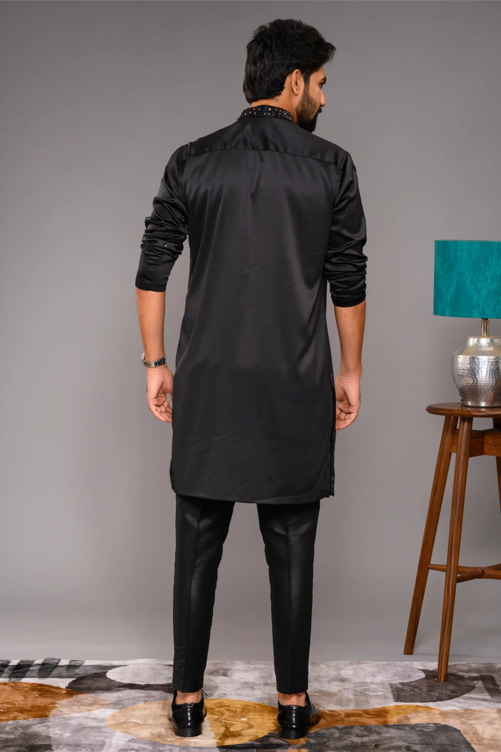 Festive Glossy Black Kurta with Hand Embroidery Detailing (Kurta Only)