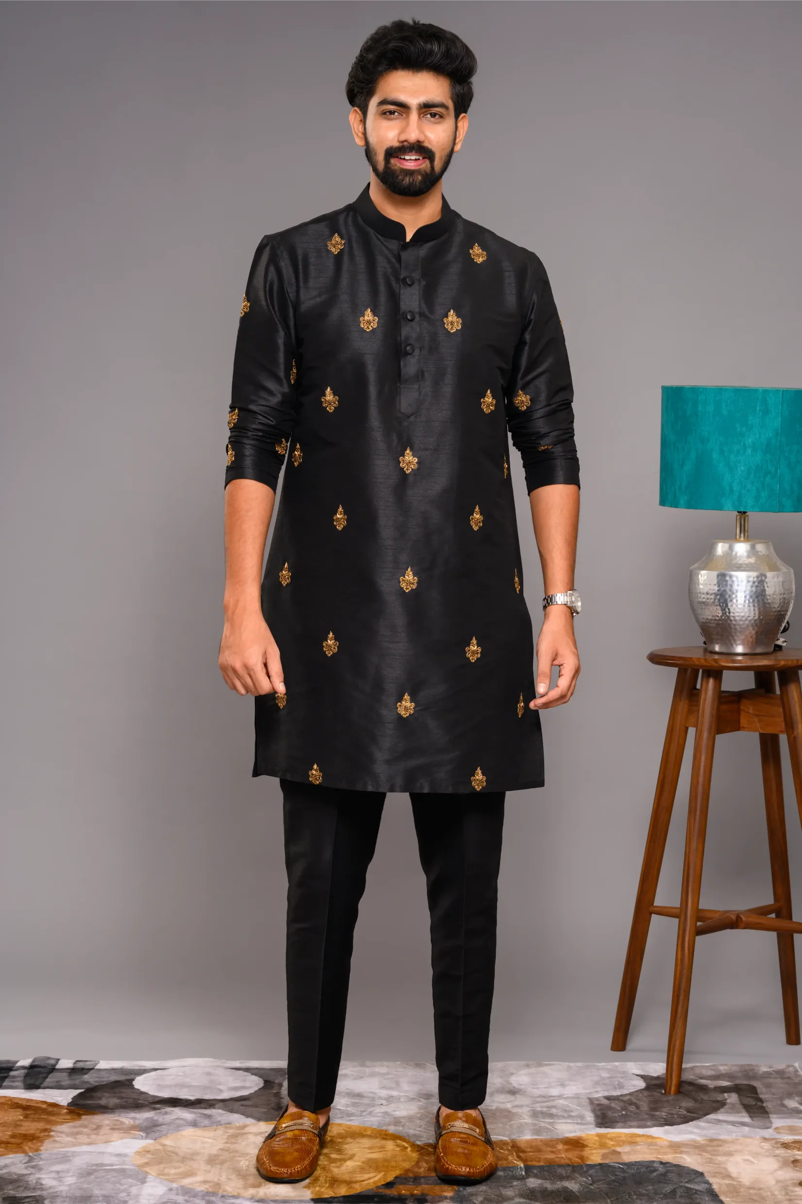 Black Silk Kurta with Golden Hand Embroidered Thread Detailing (Kurta Only)