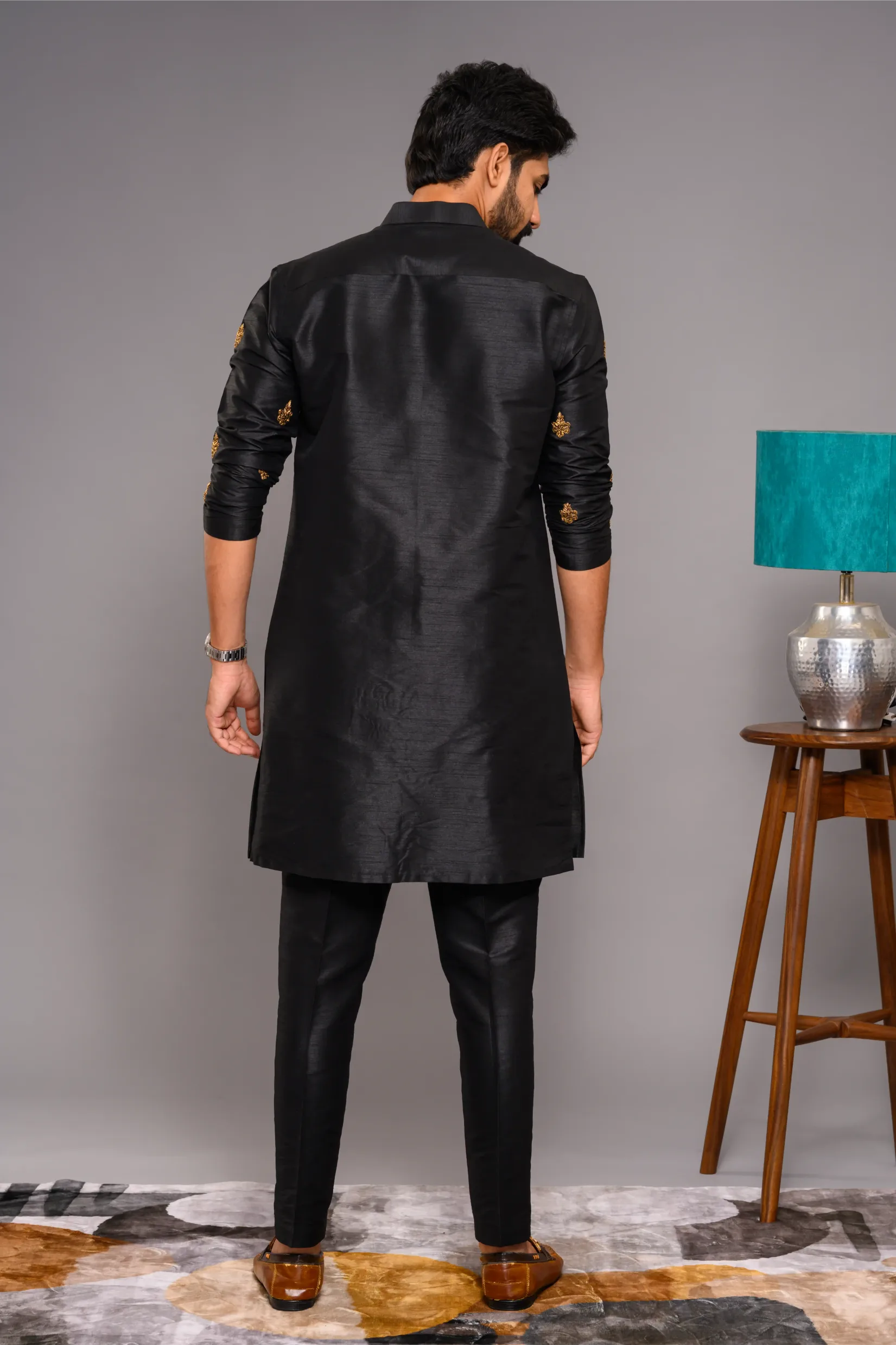 Black Silk Kurta with Golden Hand Embroidered Thread Detailing (Kurta Only)