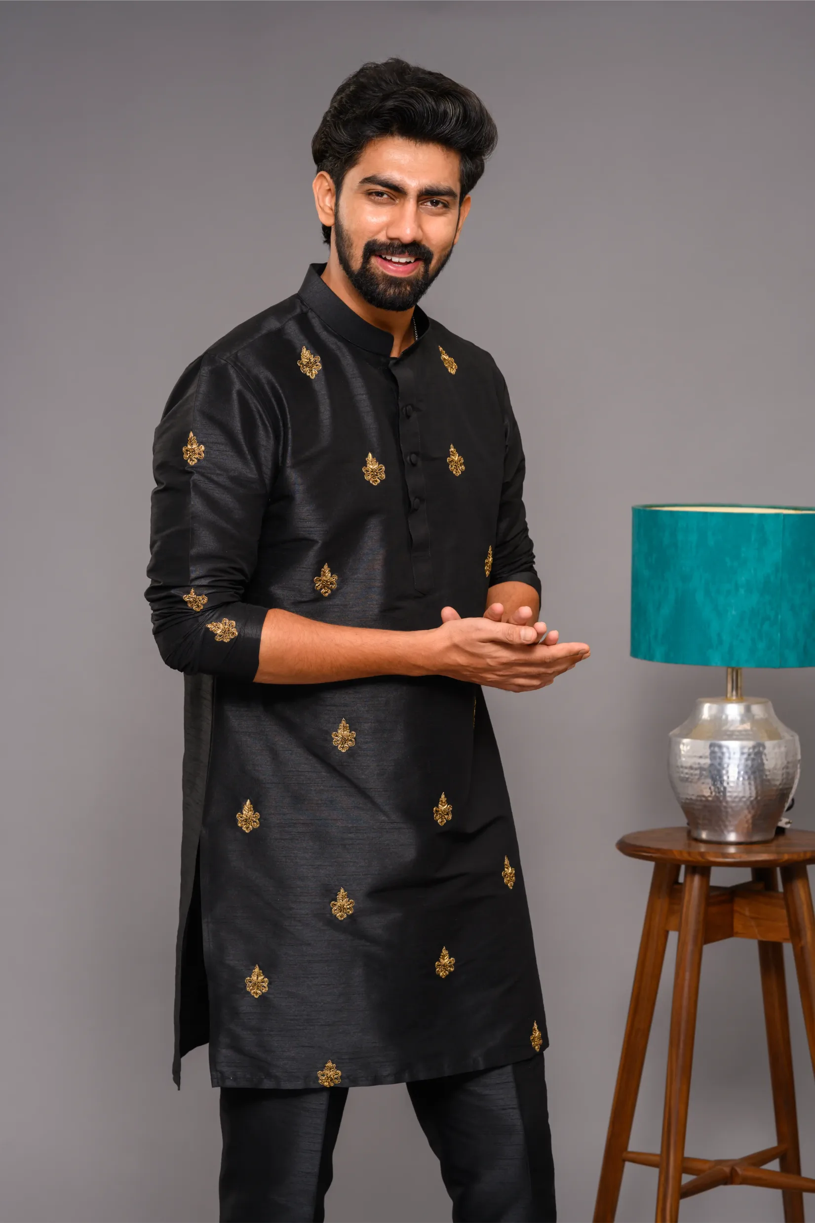 Black Silk Kurta with Golden Hand Embroidered Thread Detailing (Kurta Only)