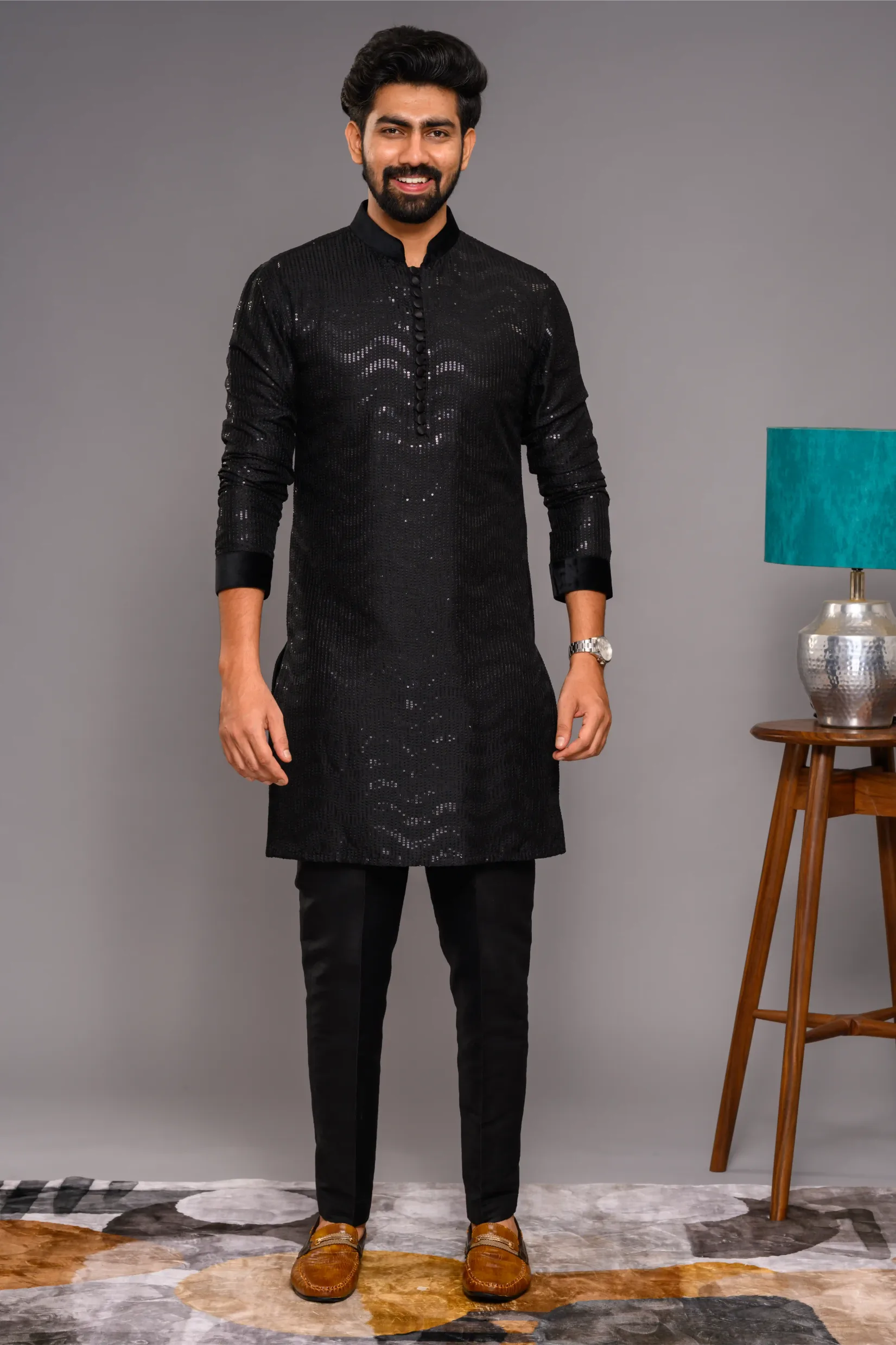 Designer Black  Kurta with Glossy Self  Surface Embroidery with Velvet Neck & Sleeve edge detailing (Kurta Only)