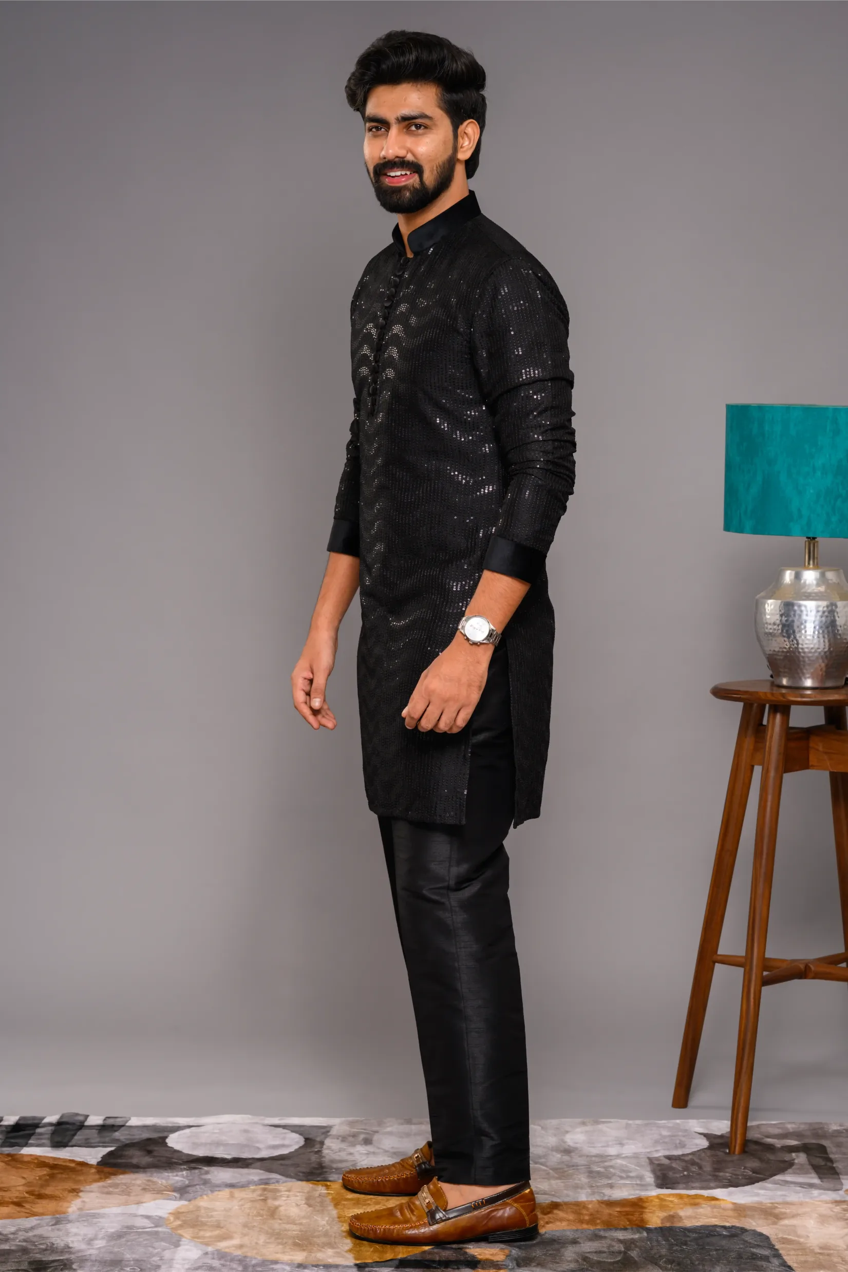 Designer Black  Kurta with Glossy Self  Surface Embroidery with Velvet Neck & Sleeve edge detailing (Kurta Only)