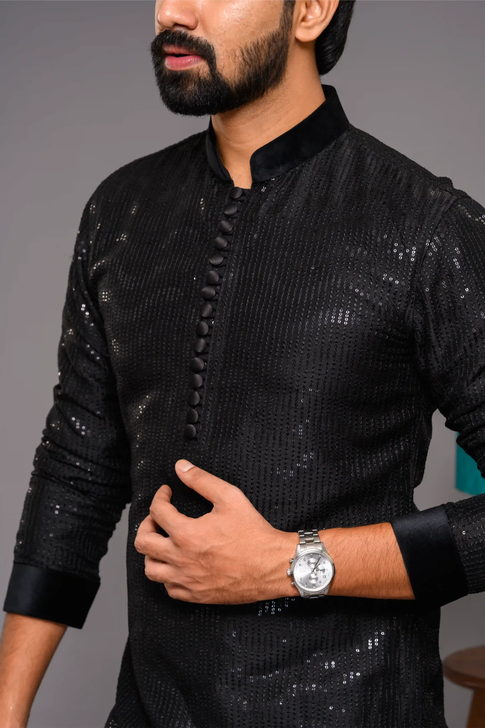 Designer Black  Kurta with Glossy Self  Surface Embroidery with Velvet Neck & Sleeve edge detailing (Kurta Only)