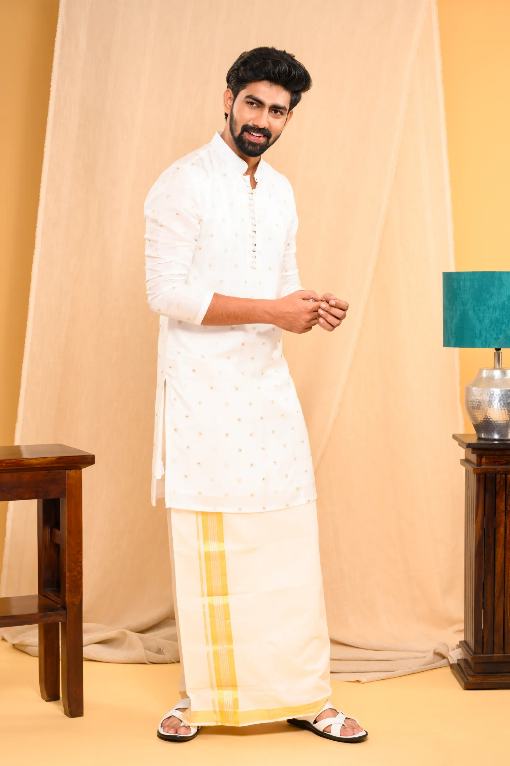 Off- White Silk Kurta with Golden Thread  & Sequence Detailing on the body (Kurta Only)