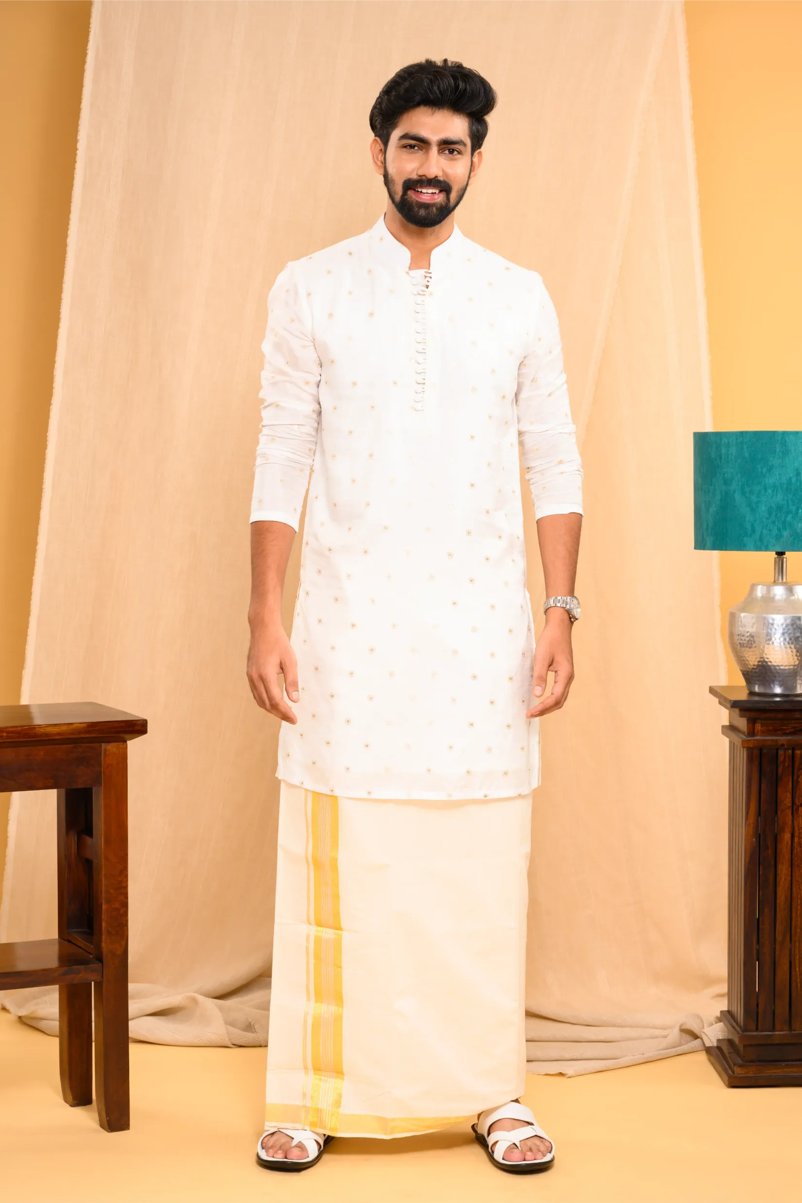 Off- White Silk Kurta with Golden Thread  & Sequence Detailing on the body (Kurta Only)