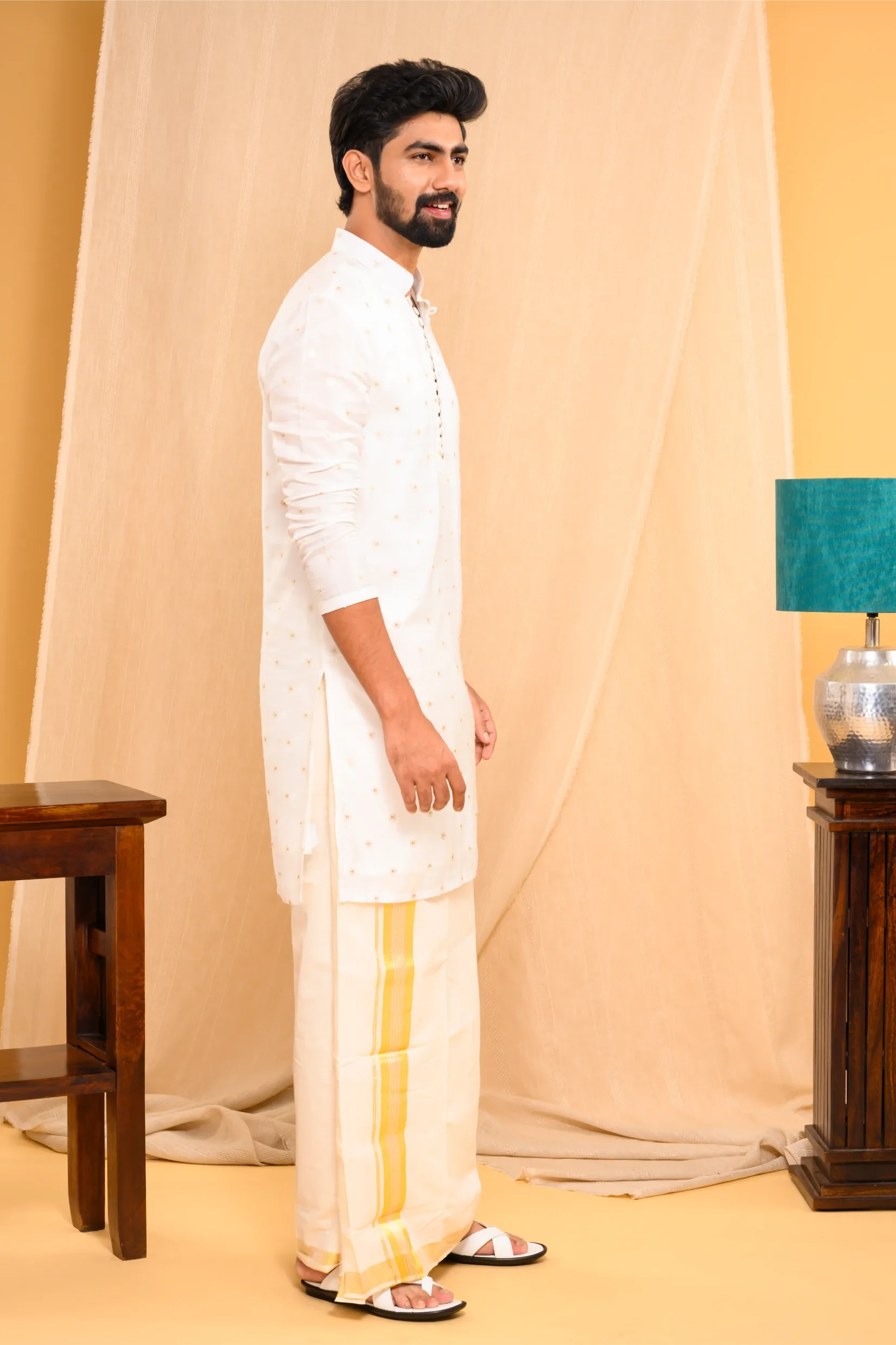Off- White Silk Kurta with Golden Thread  & Sequence Detailing on the body (Kurta Only)