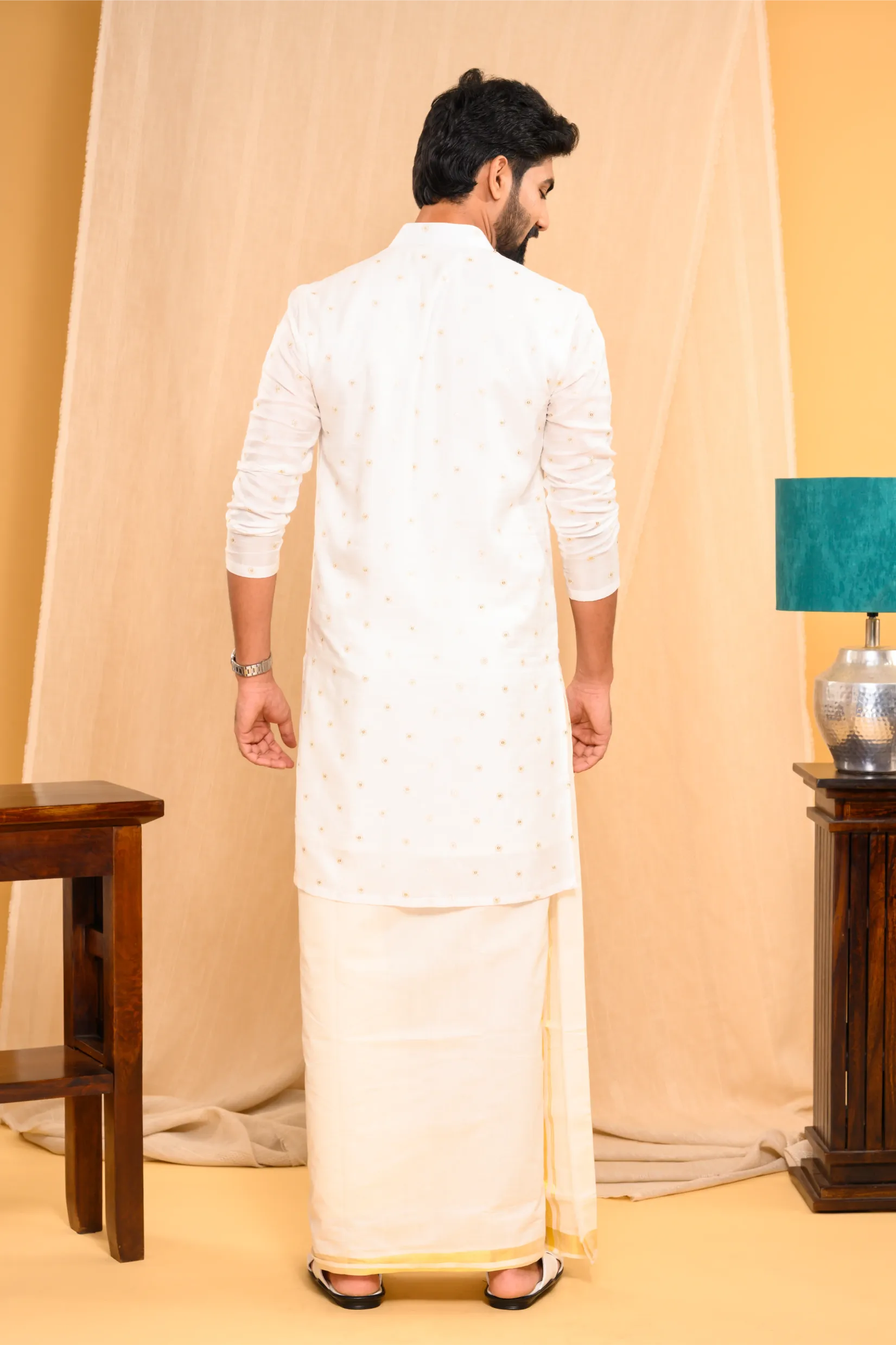 Off- White Silk Kurta with Golden Thread  & Sequence Detailing on the body (Kurta Only)