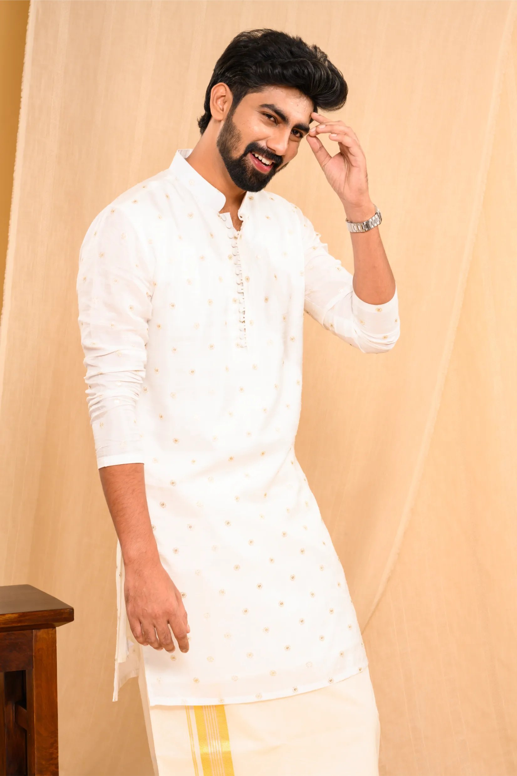 Off- White Silk Kurta with Golden Thread  & Sequence Detailing on the body (Kurta Only)