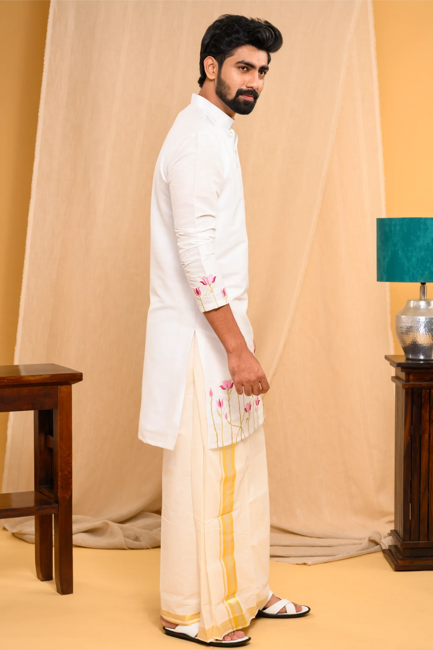 Off- White Silk Kurta  with floral embroidery detailing  on sleeves & bottom edges (Kurta Only)