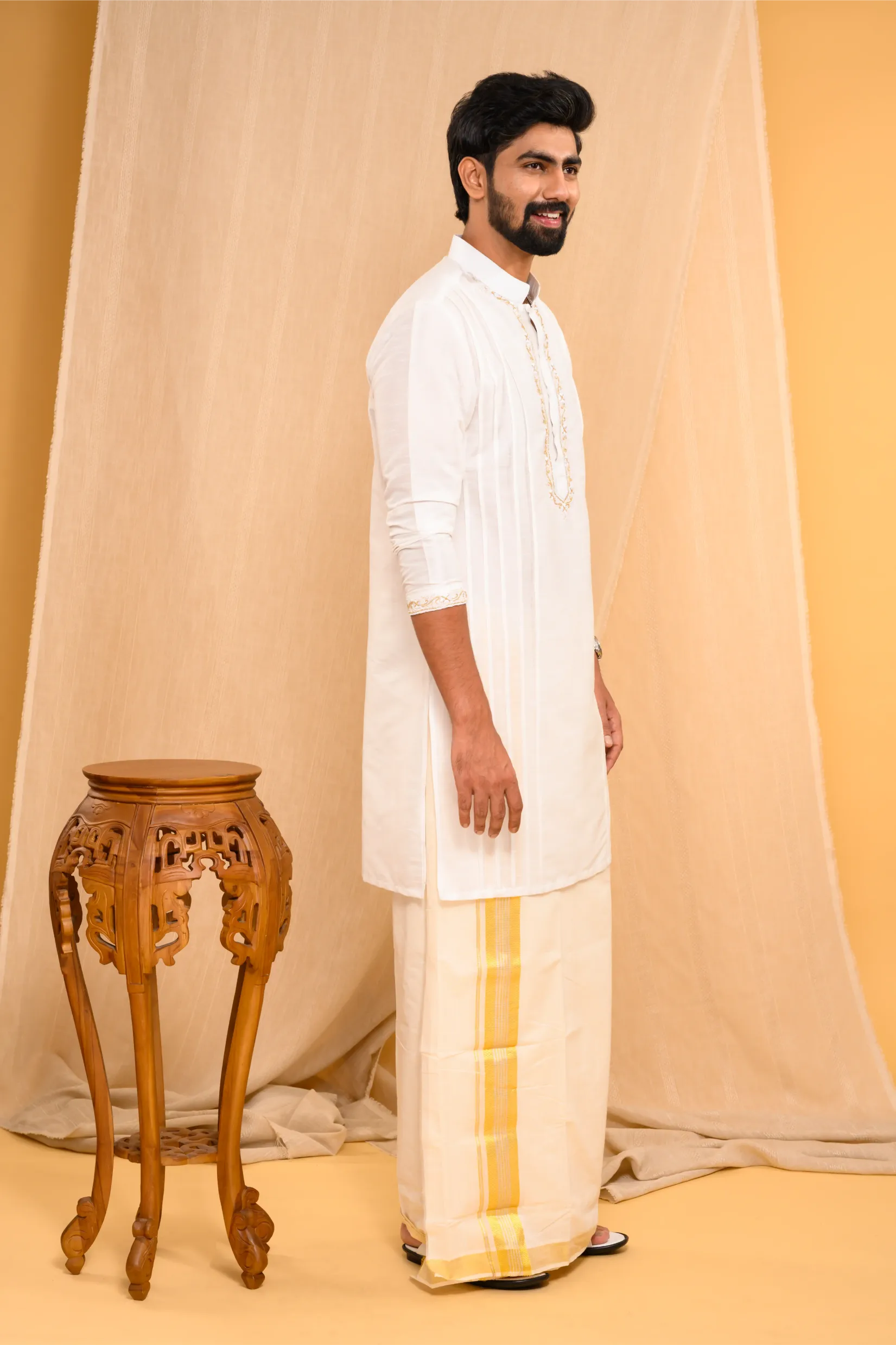 Off- White Silk Kurta with Hand Embroidery detailing  on placket, neck border & sleeve edge  (Kurta Only)
