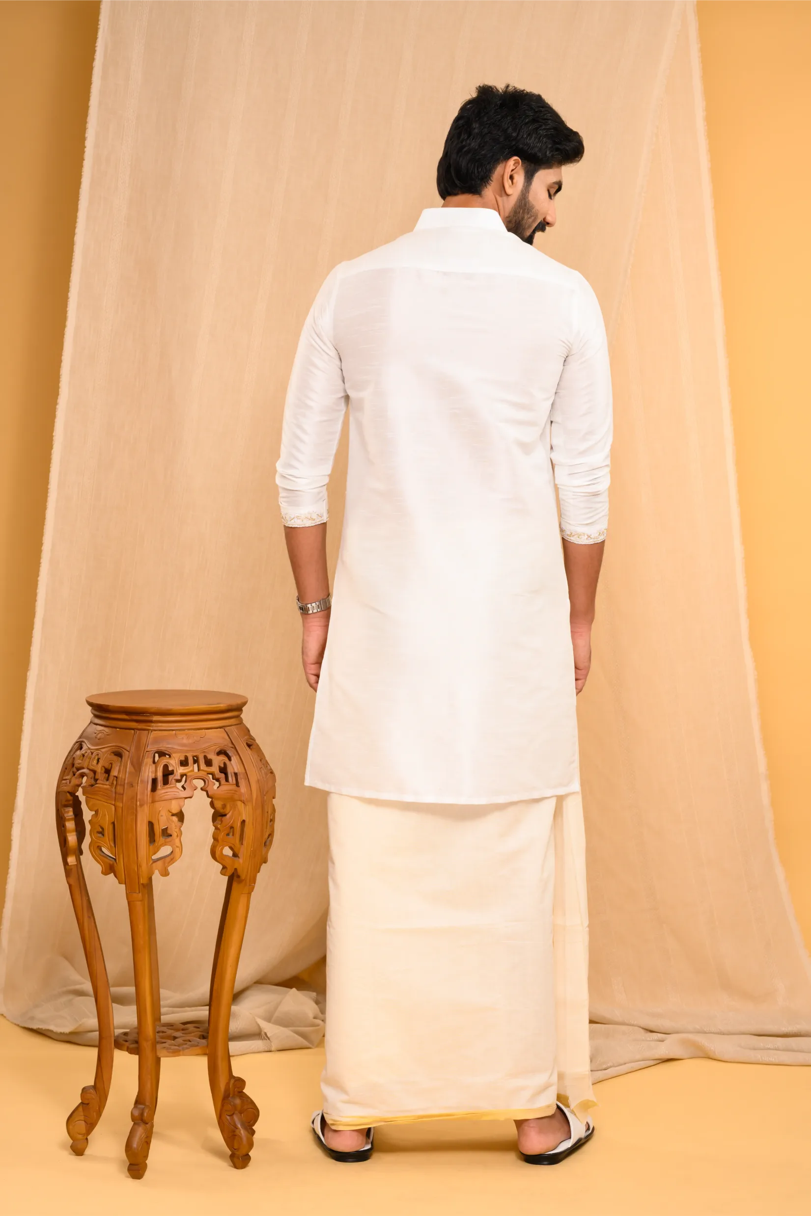 Off- White Silk Kurta with Hand Embroidery detailing  on placket, neck border & sleeve edge  (Kurta Only)