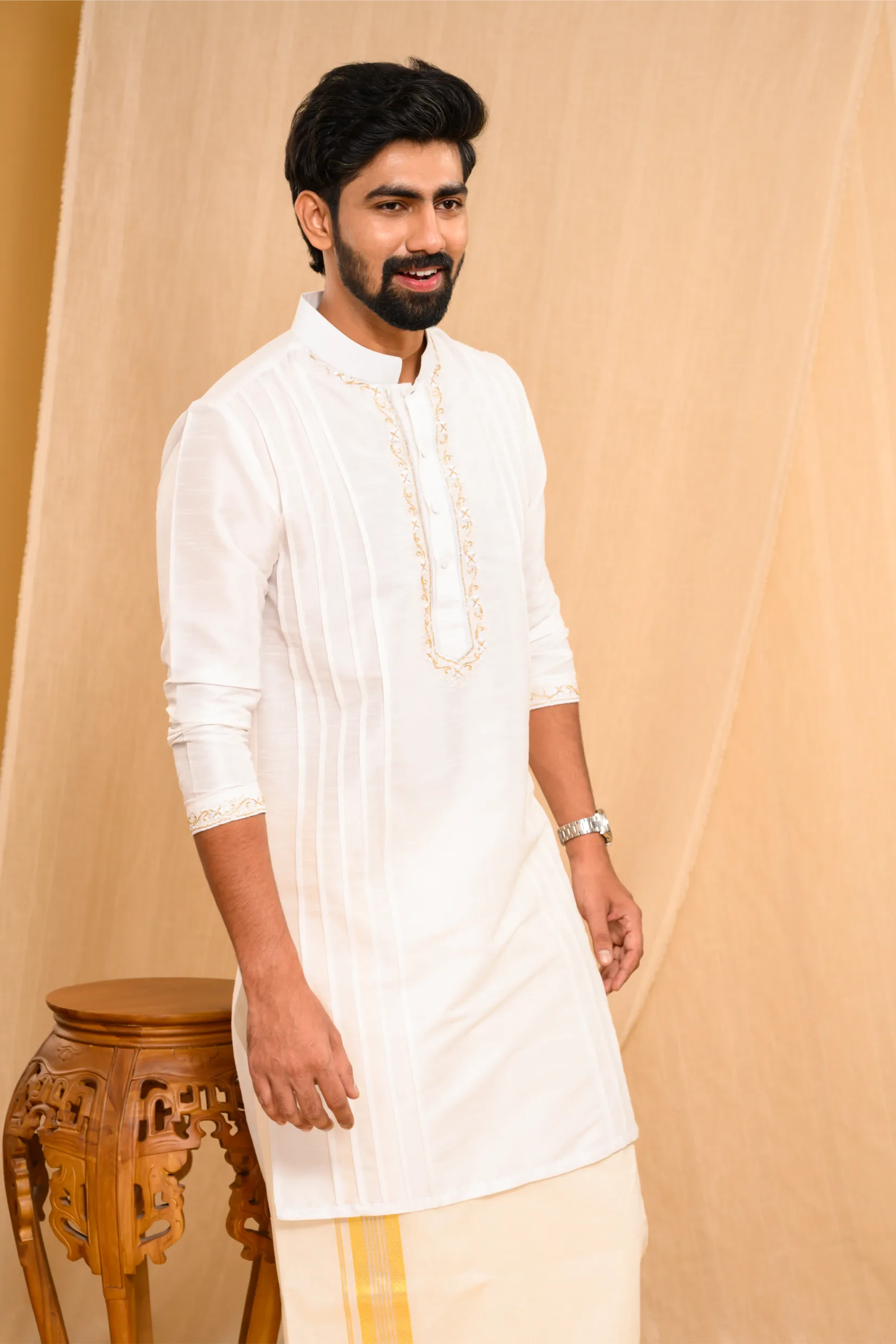 Off- White Silk Kurta with Hand Embroidery detailing  on placket, neck border & sleeve edge  (Kurta Only)