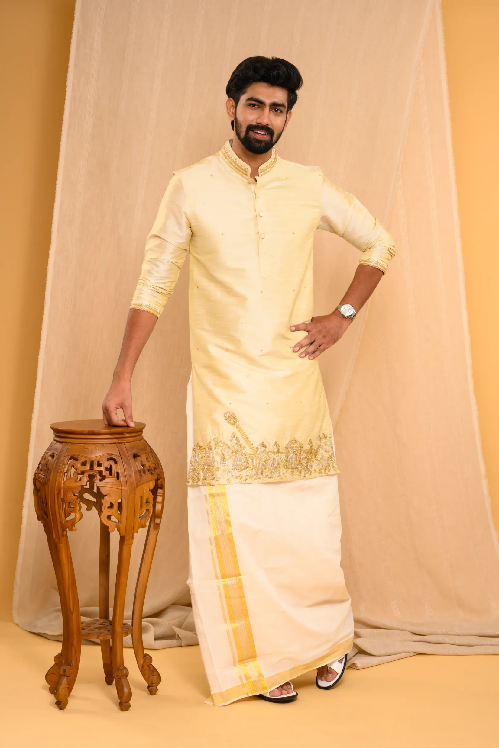 Golden Silk Kurta with Heavy Hand Embroidery detailing  on placket  & sleeve edge (Kurta Only)