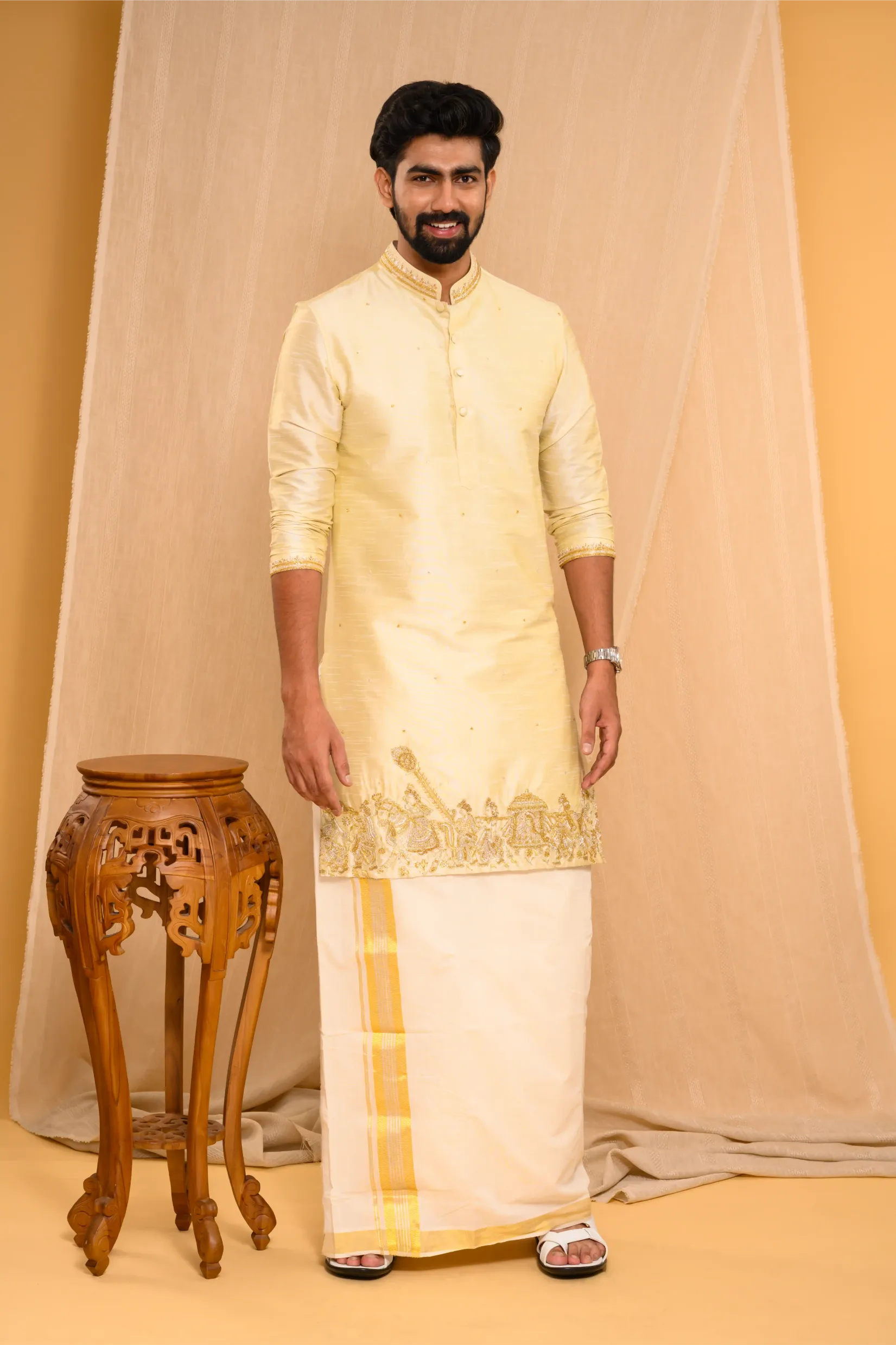 Golden Silk Kurta with Heavy Hand Embroidery detailing  on placket  & sleeve edge (Kurta Only)