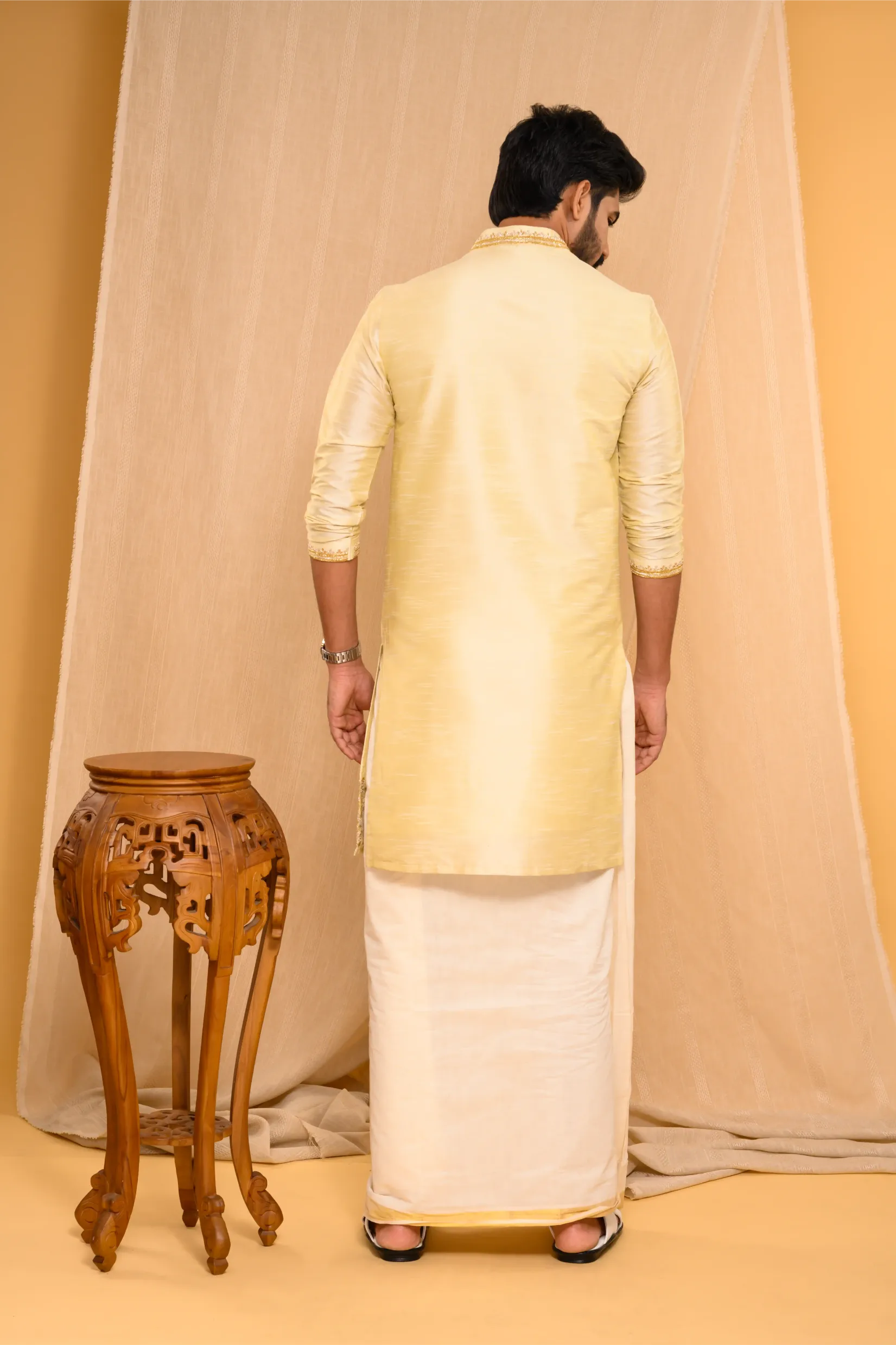 Golden Silk Kurta with Heavy Hand Embroidery detailing  on placket  & sleeve edge (Kurta Only)
