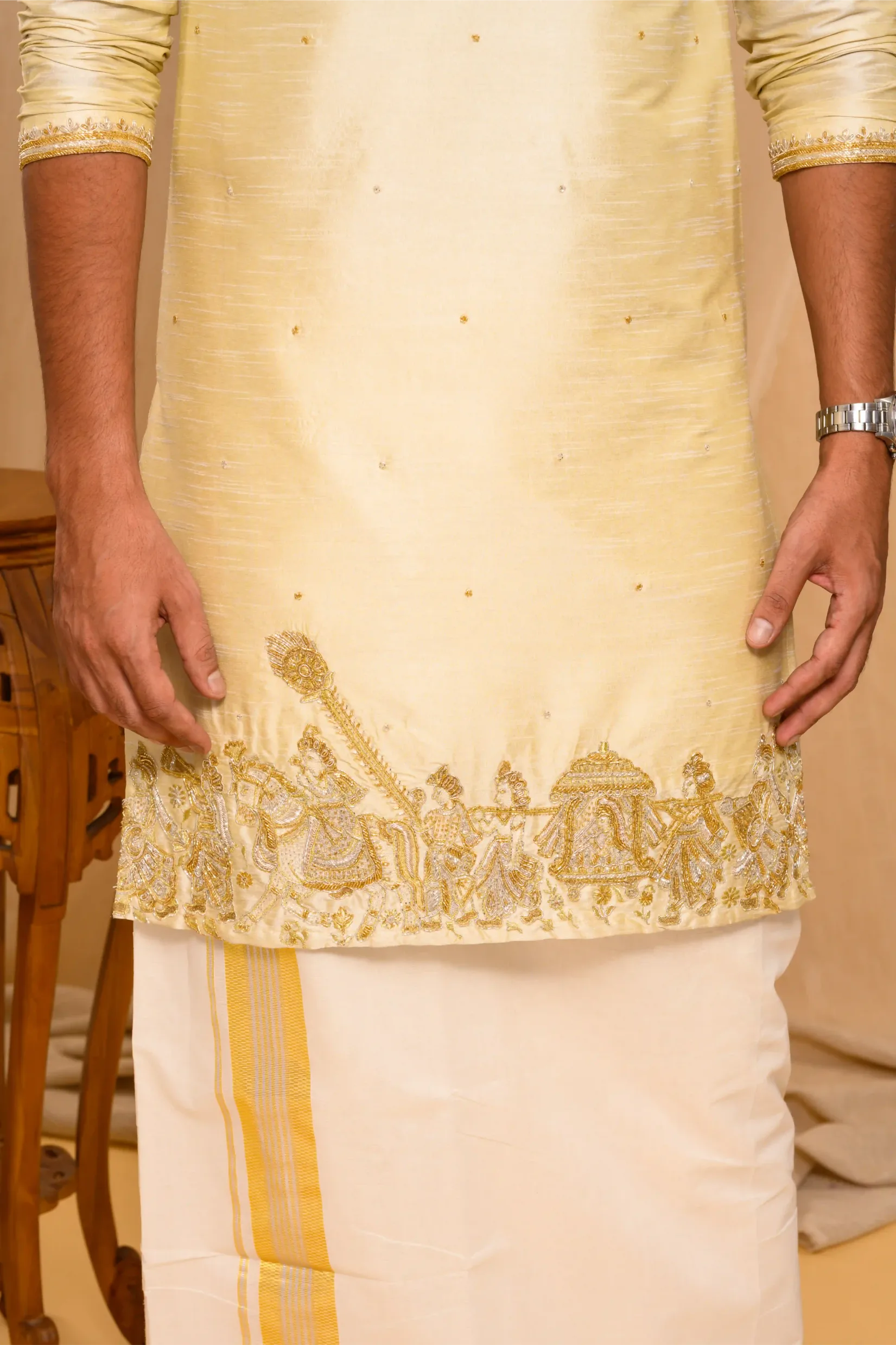 Golden Silk Kurta with Heavy Hand Embroidery detailing  on placket  & sleeve edge (Kurta Only)