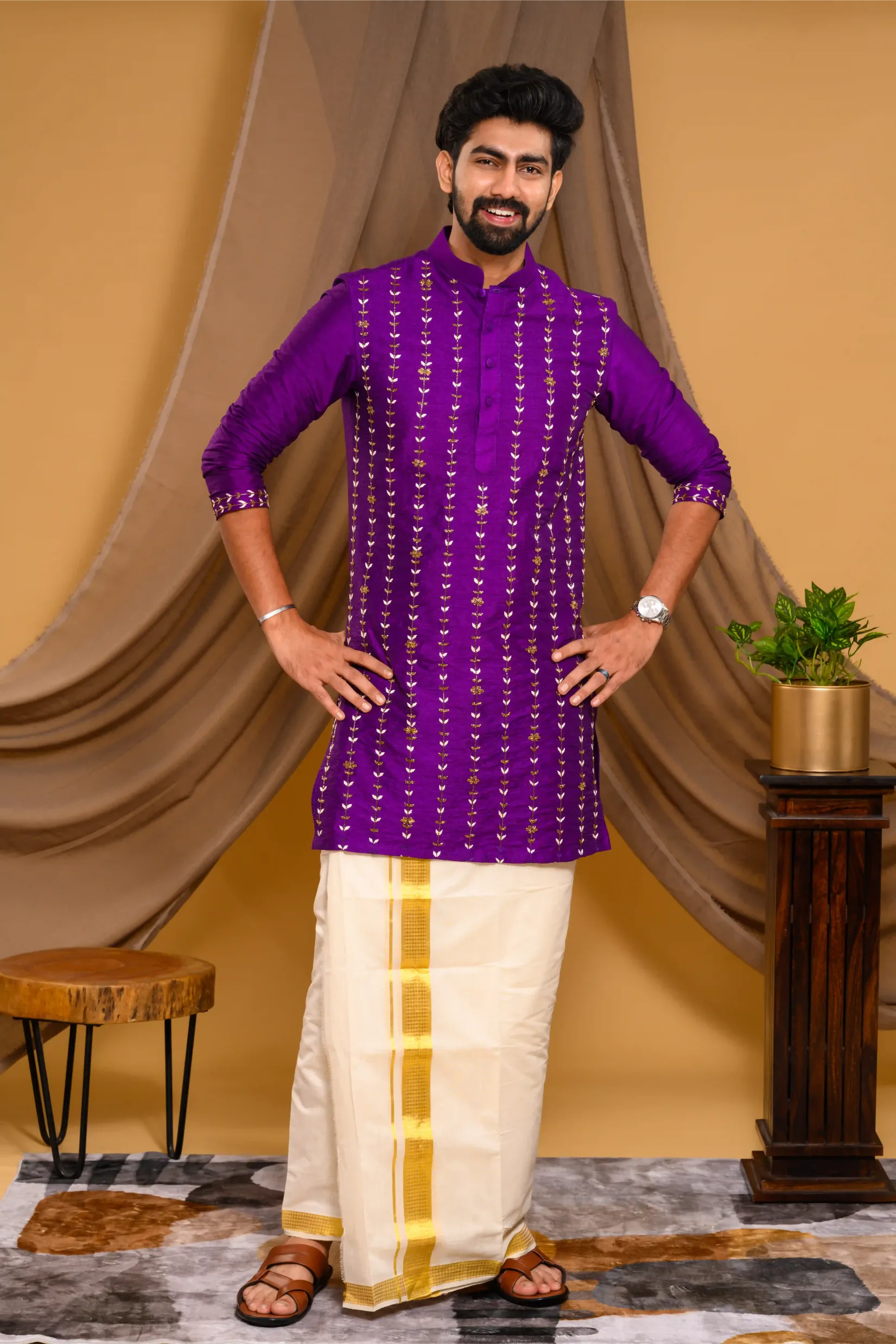 Purple Silk Kurta with Vertical Hand Embroidery detailing on Body & Sleeve edge (Kurta Only)