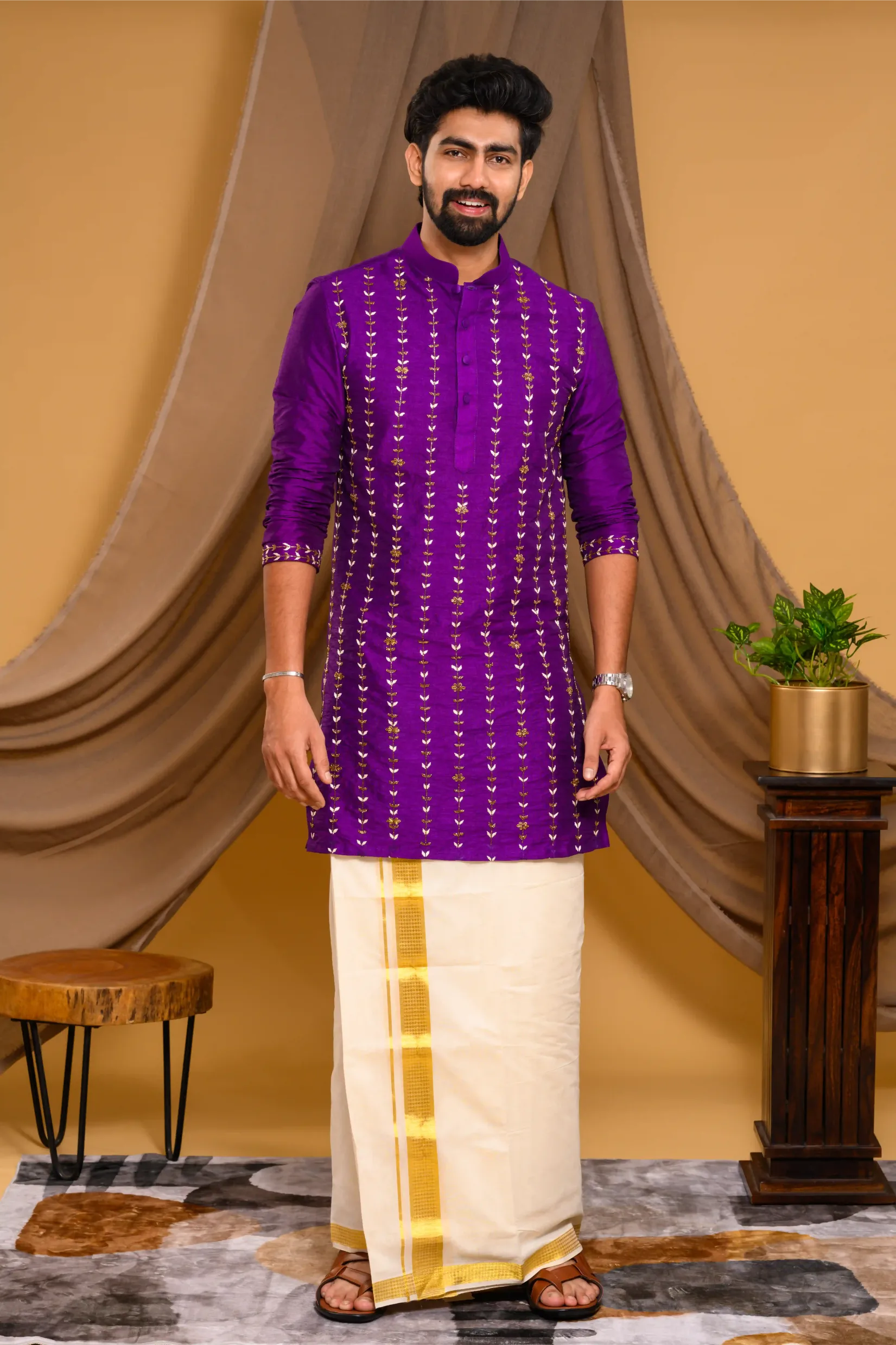 Purple Silk Kurta with Vertical Hand Embroidery detailing on Body & Sleeve edge (Kurta Only)