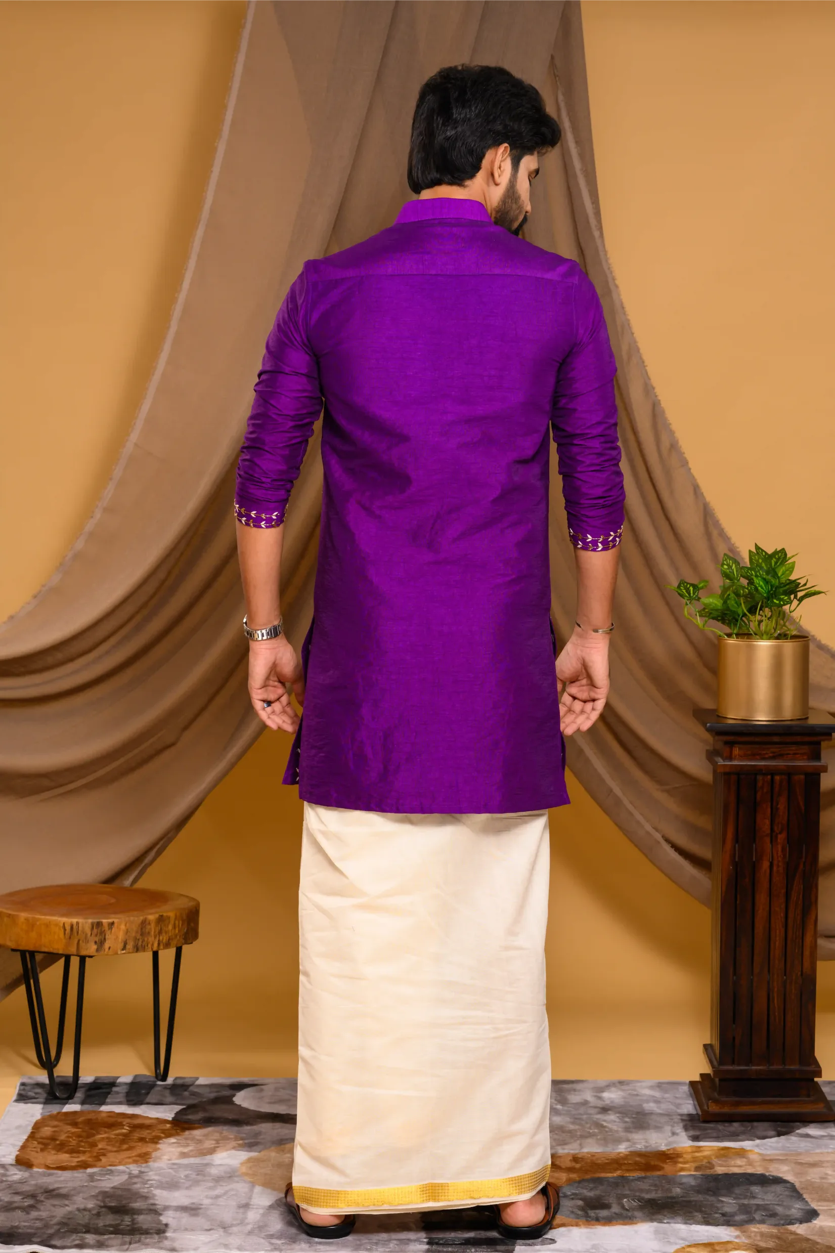 Purple Silk Kurta with Vertical Hand Embroidery detailing on Body & Sleeve edge (Kurta Only)