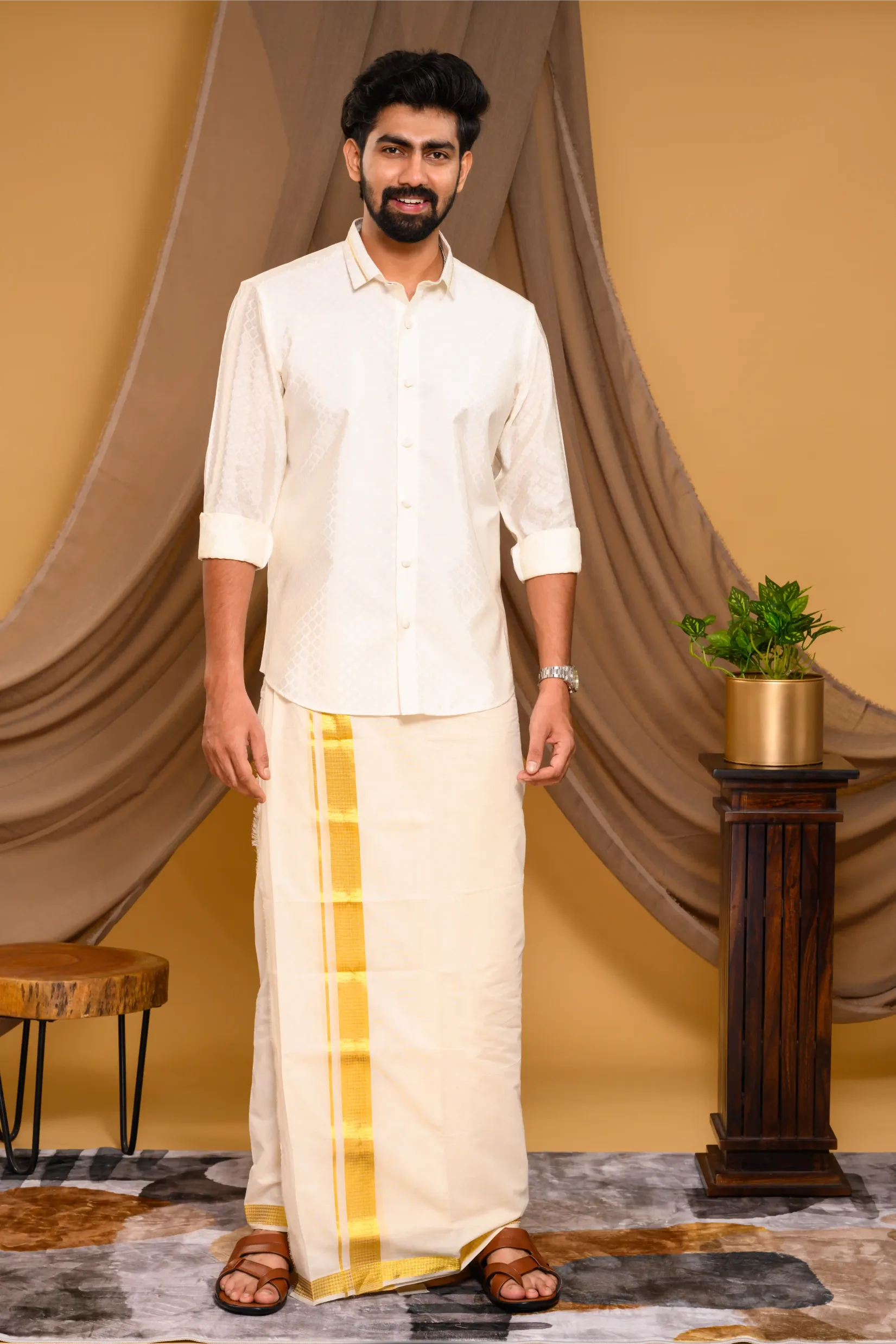 Off White Self Design Woven Traditional Shirt with Golden Kasavu line detailing on Collar (Shirt Only)