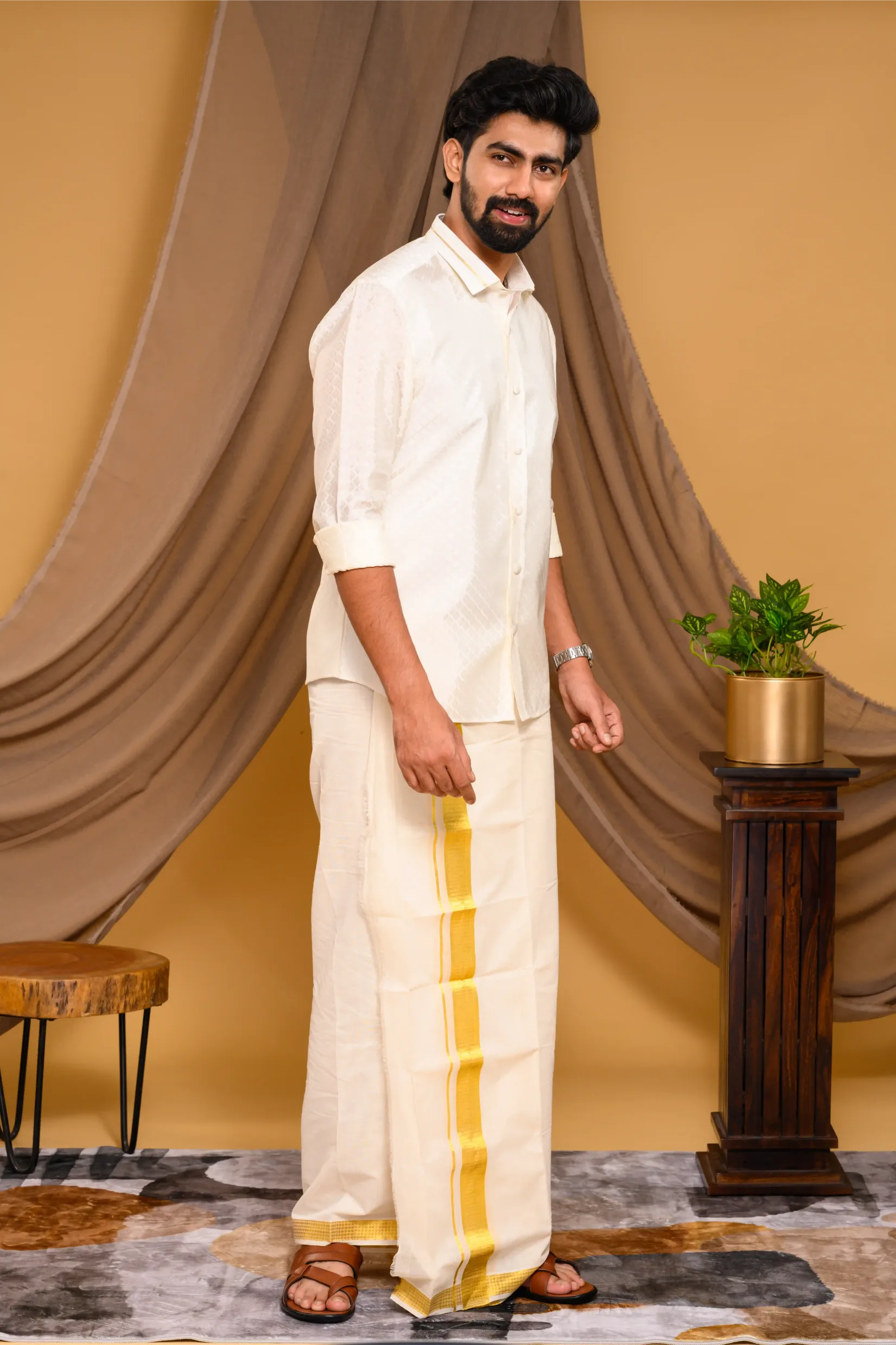 Off White Self Design Woven Traditional Shirt with Golden Kasavu line detailing on Collar (Shirt Only)
