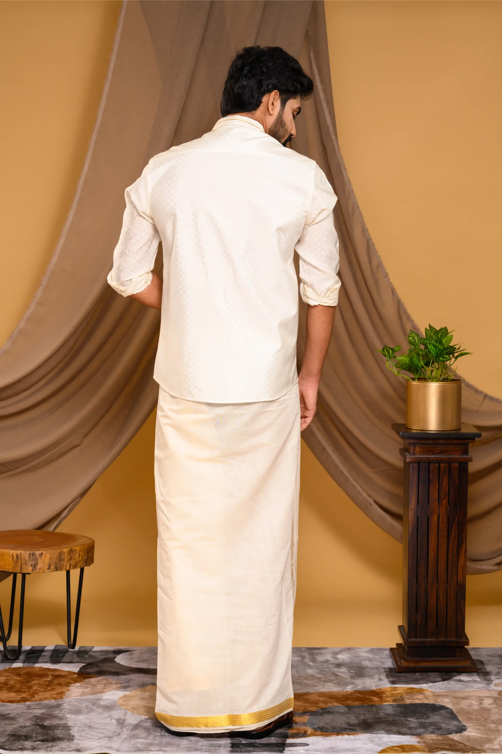 Off White Self Design Woven Traditional Shirt with Golden Kasavu line detailing on Collar (Shirt Only)
