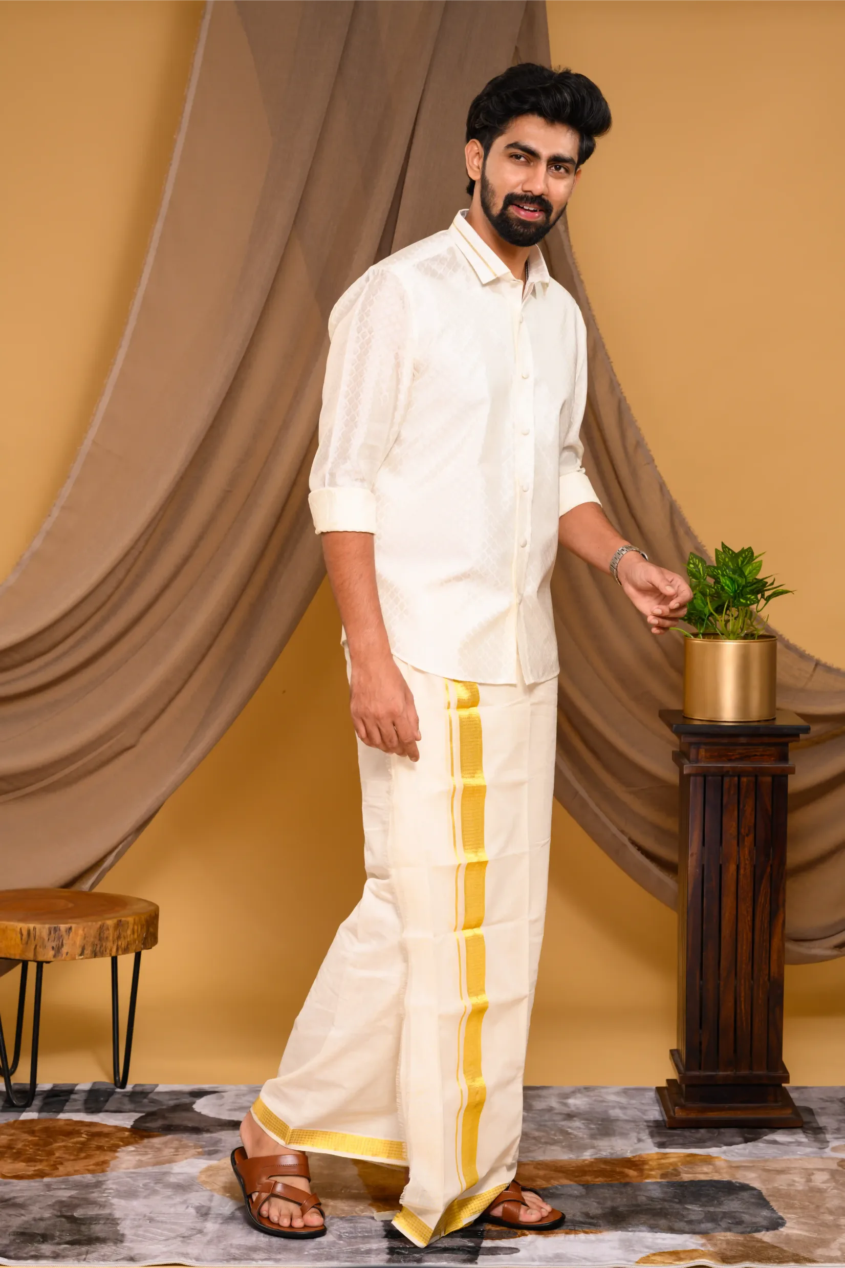 Off White Self Design Woven Traditional Shirt with Golden Kasavu line detailing on Collar (Shirt Only)