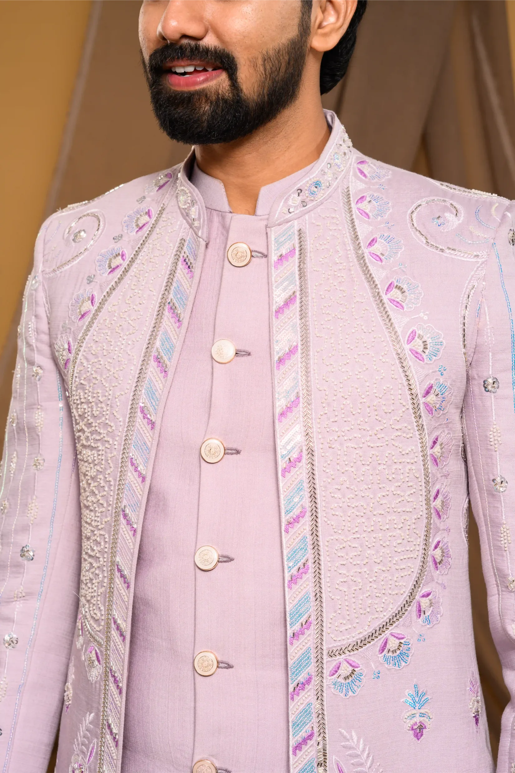 Embroidered Pastel Lavender Shade Open Indo Western Slim Jacket  paired with Kurta &  Narrow Pants  (Set of 3)