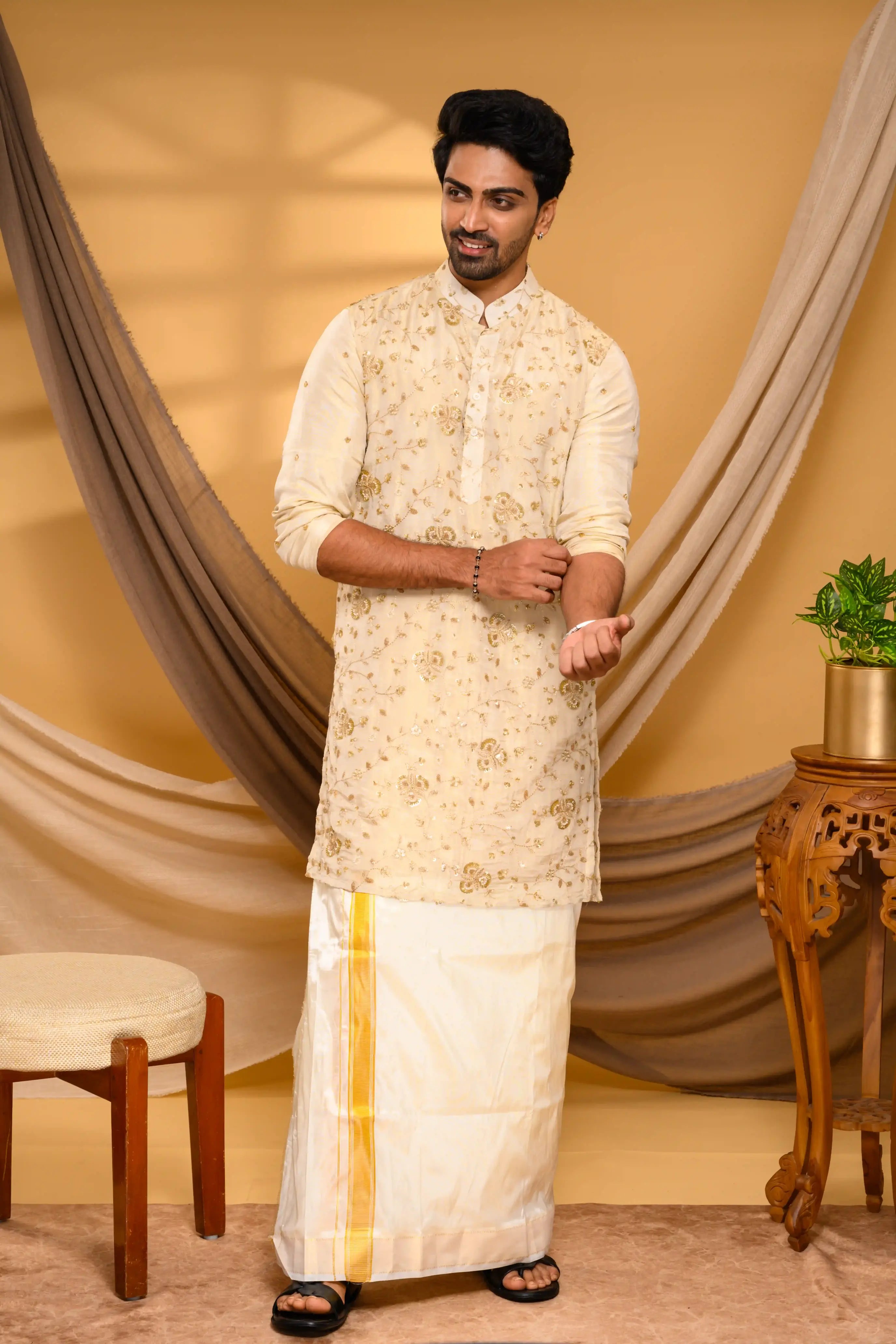Golden Tissue Silk Kurta with Surface detailing on Body (Kurta Only)