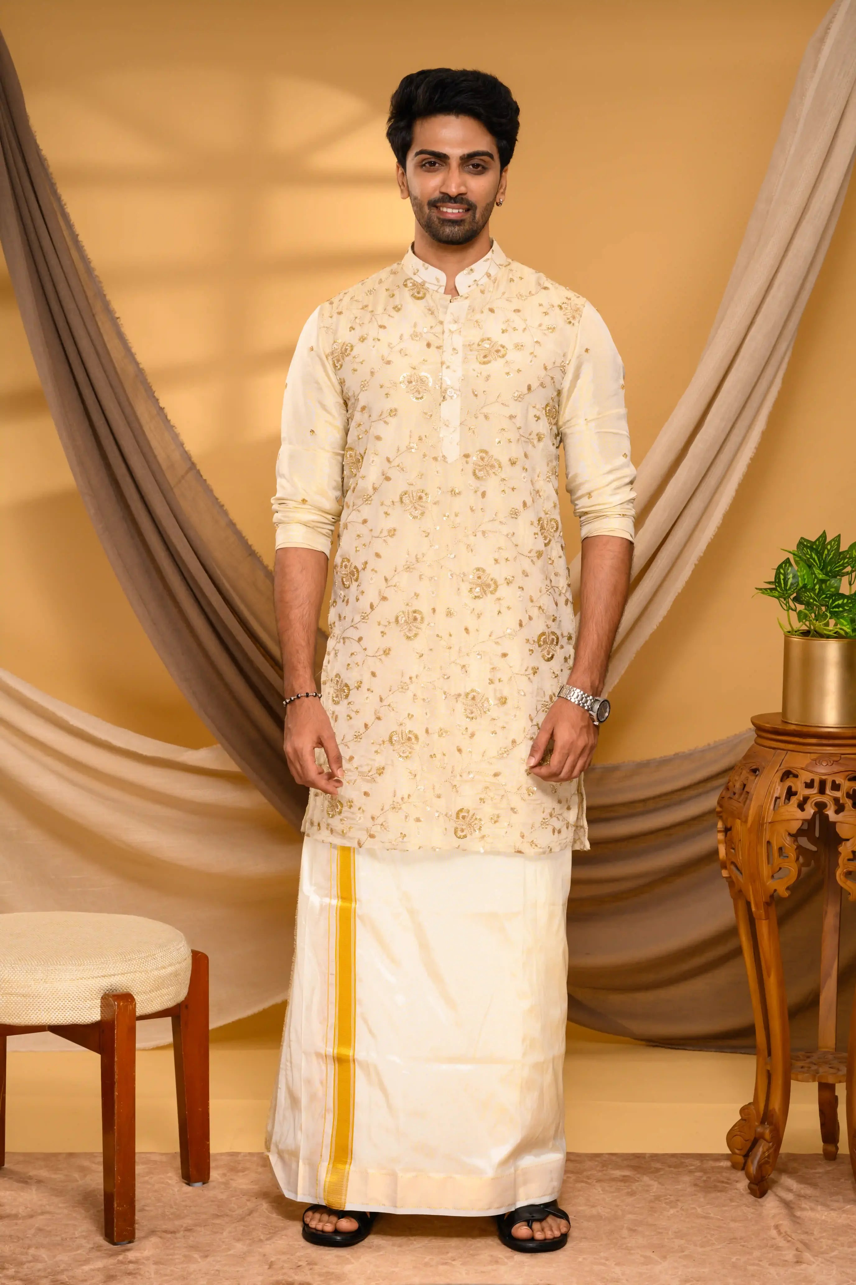 Golden Tissue Silk Kurta with Surface detailing on Body (Kurta Only)