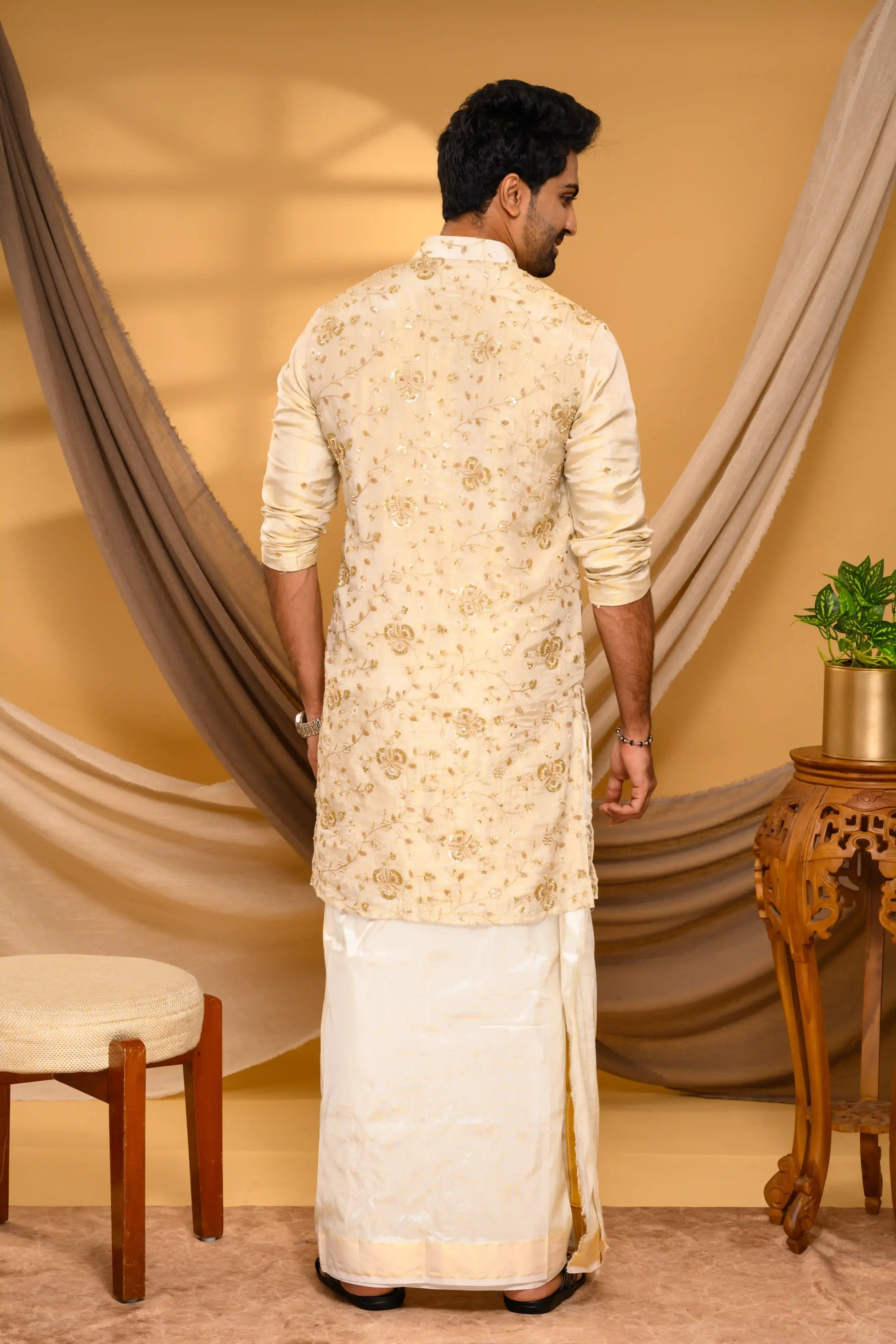 Golden Tissue Silk Kurta with Surface detailing on Body (Kurta Only)