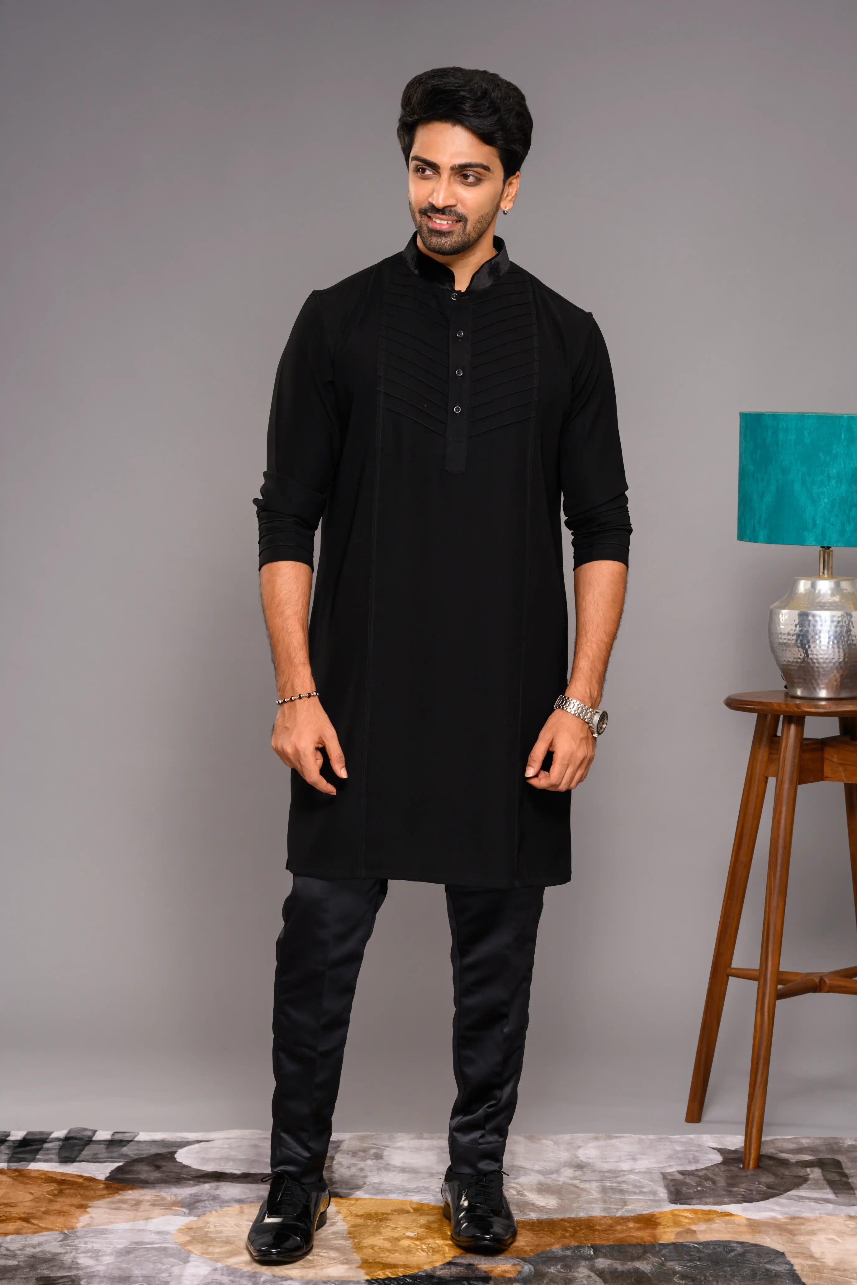 Designer Black Kurta with Self Tuck design detailed in Velvet  Neck & Sleeve edge (Kurta Only)