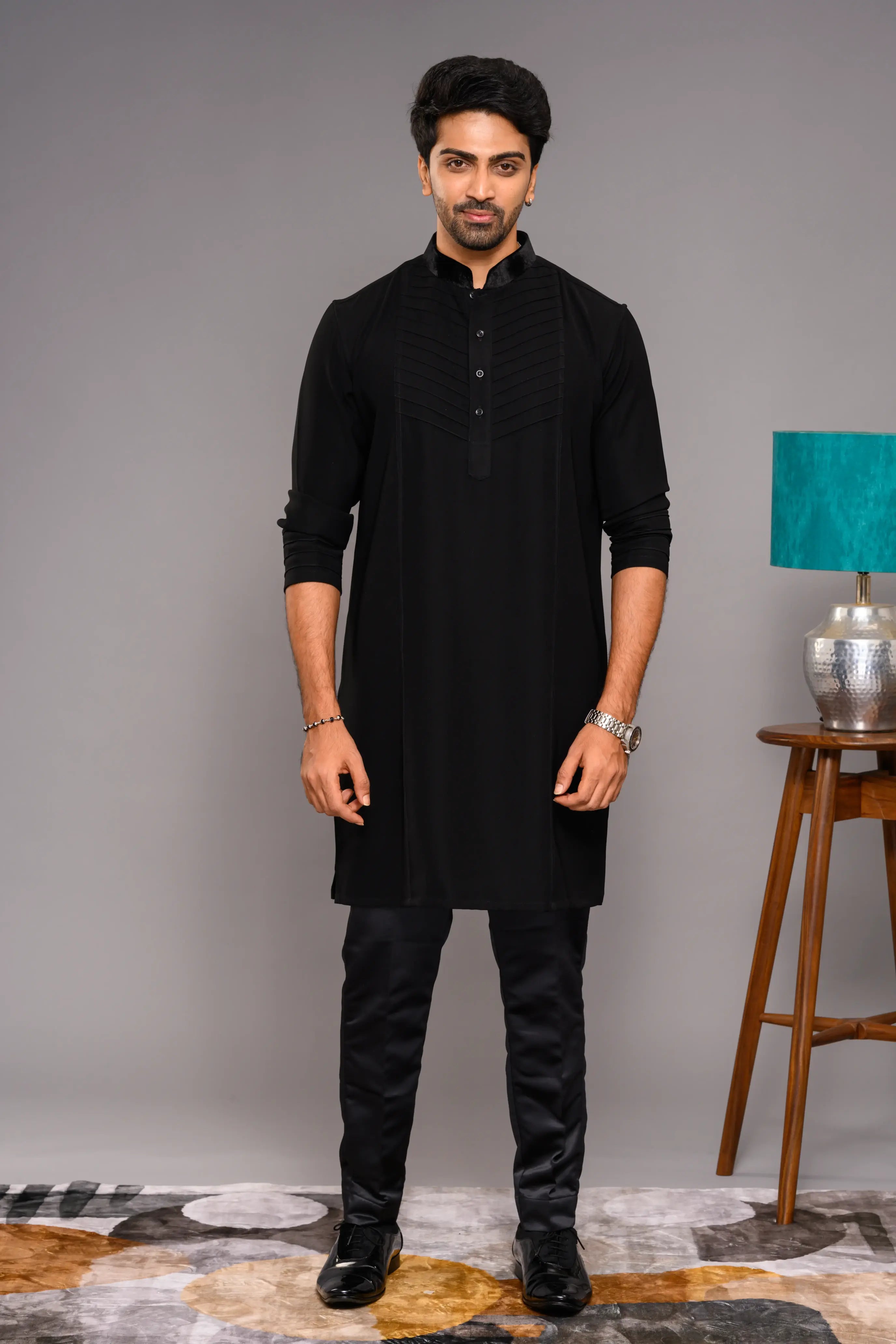 Designer Black Kurta with Self Tuck design detailed in Velvet  Neck & Sleeve edge (Kurta Only)