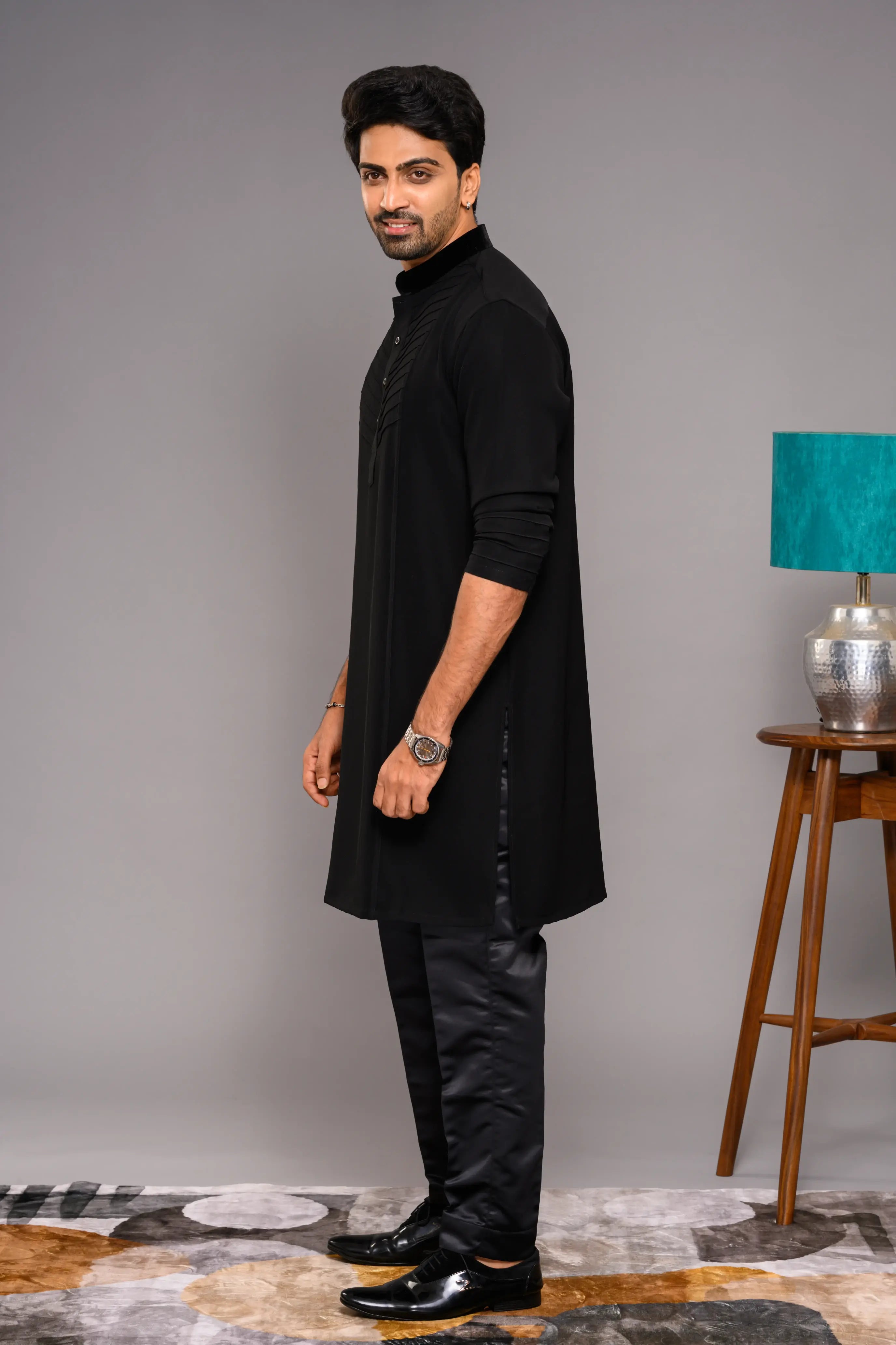 Designer Black Kurta with Self Tuck design detailed in Velvet  Neck & Sleeve edge (Kurta Only)