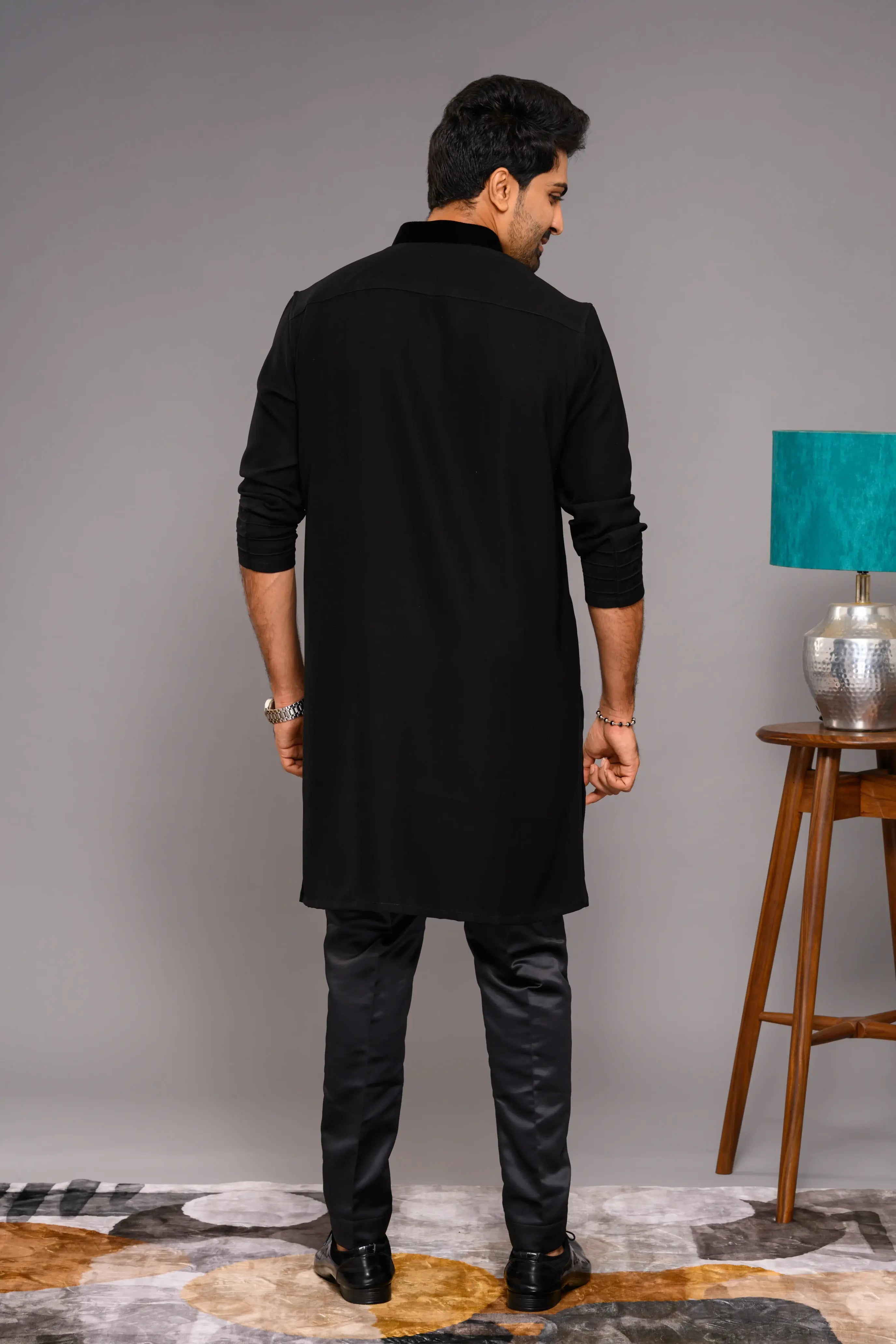 Designer Black Kurta with Self Tuck design detailed in Velvet  Neck & Sleeve edge (Kurta Only)