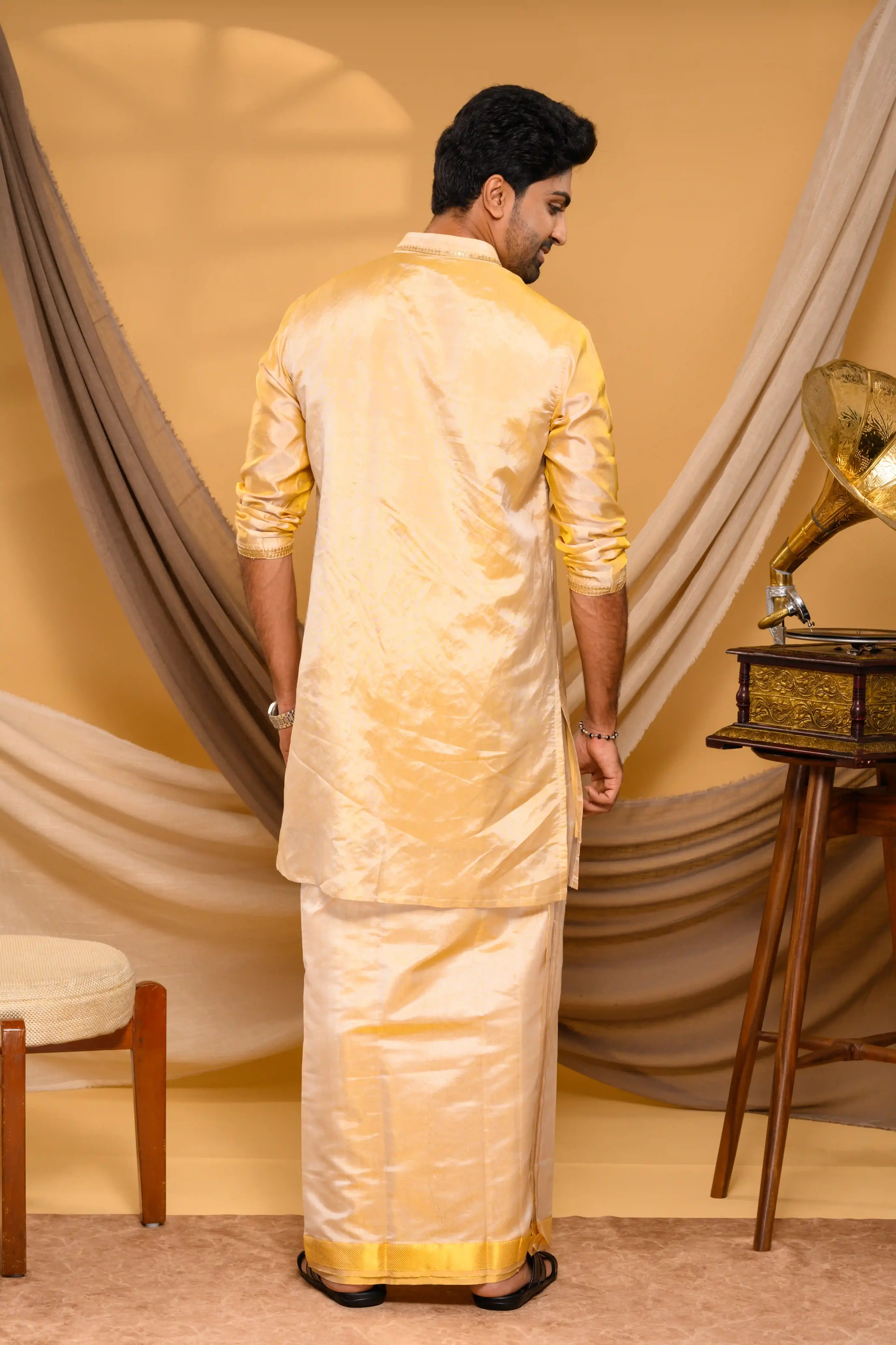 Golden Tissue Silk Kurta with Lotus Motf on Chest (Kurta Only)