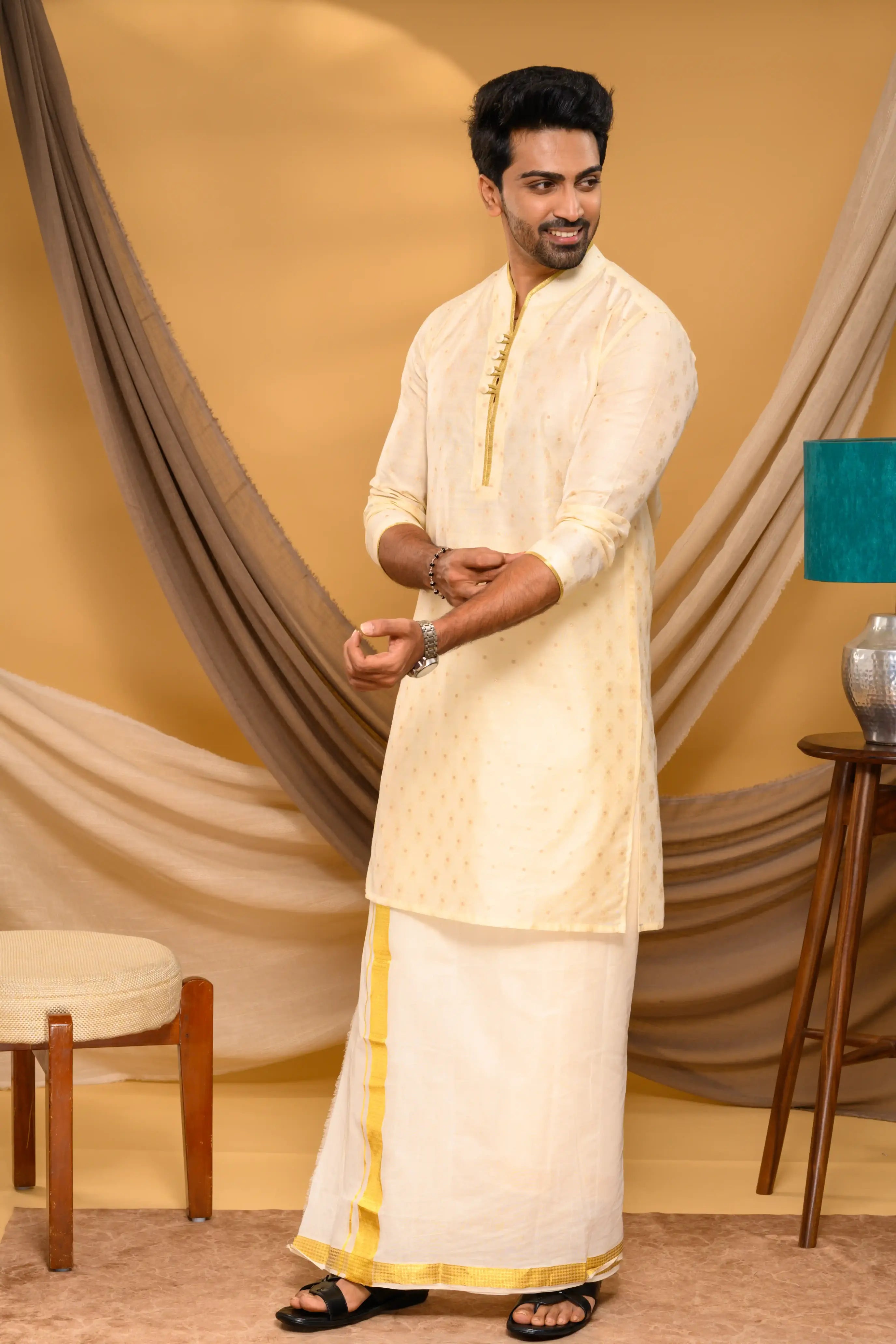 Shawl Collar Light Golden Silk Kurta with golden buta design (Kurta Only)