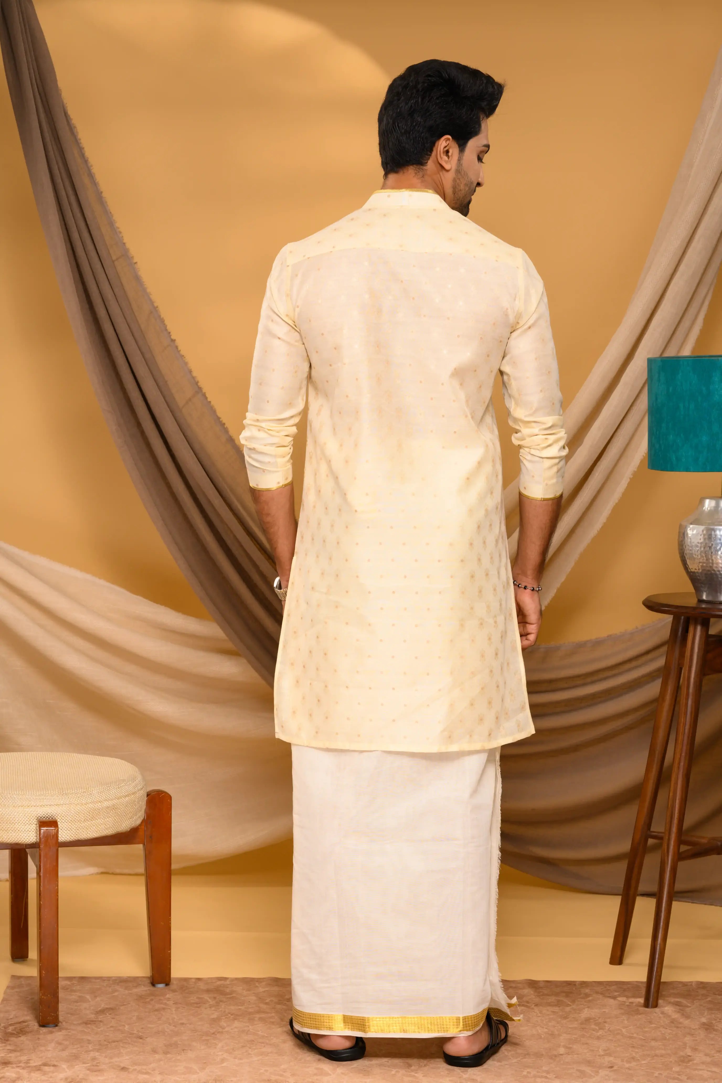 Shawl Collar Light Golden Silk Kurta with golden buta design (Kurta Only)