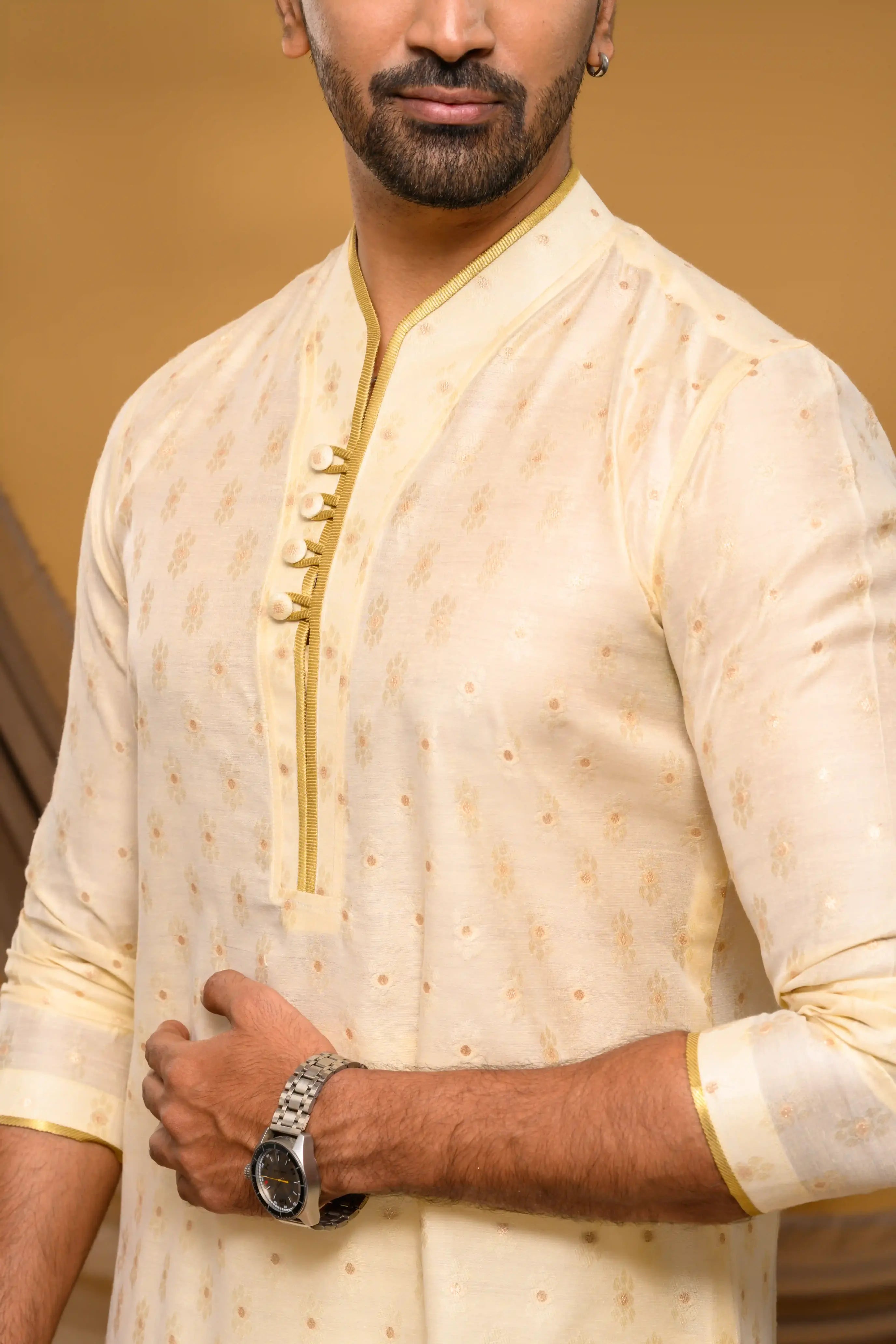 Shawl Collar Light Golden Silk Kurta with golden buta design (Kurta Only)