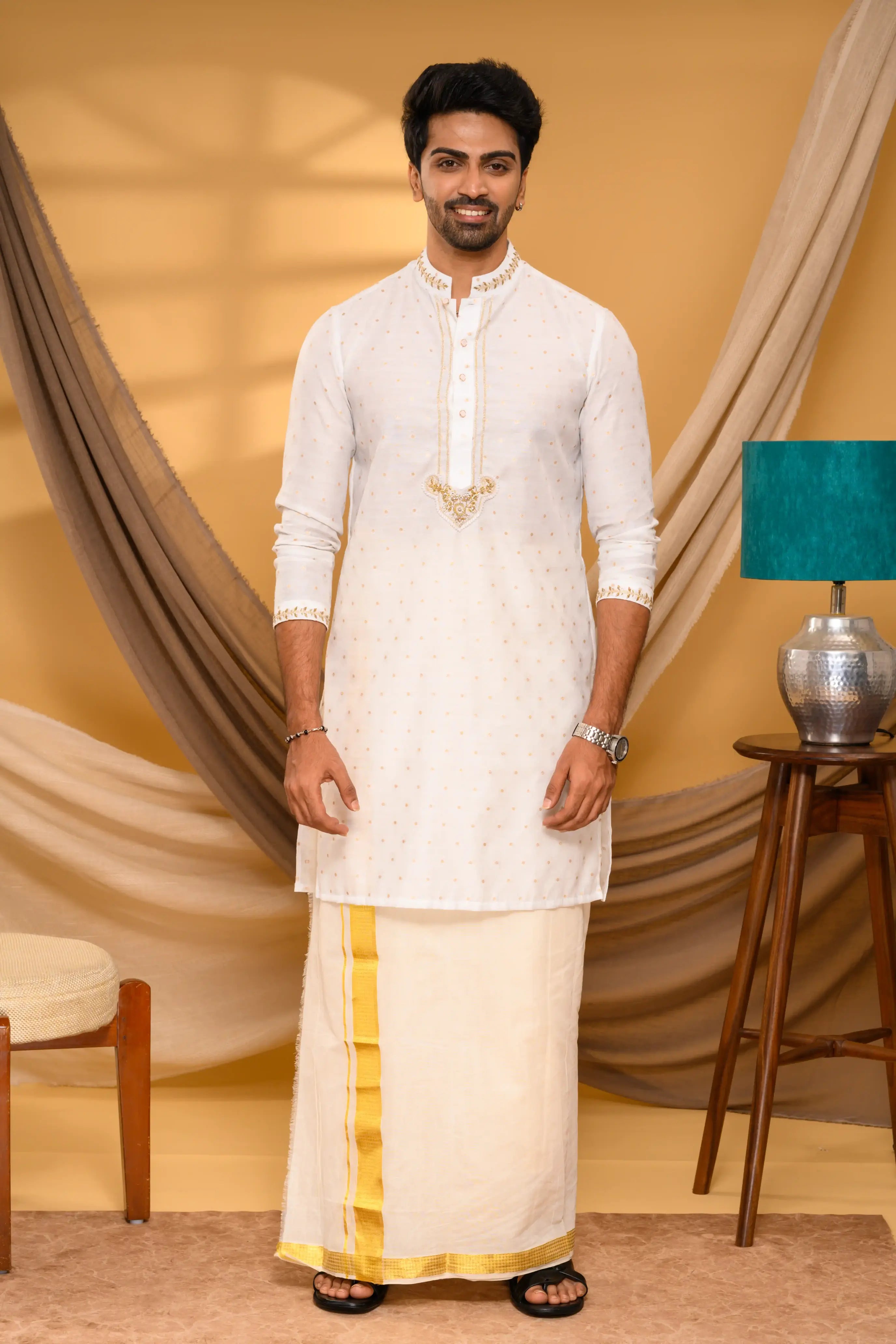 Ivory Shade Silk Kurta with floral buta hand work detailing (Kurta Only)