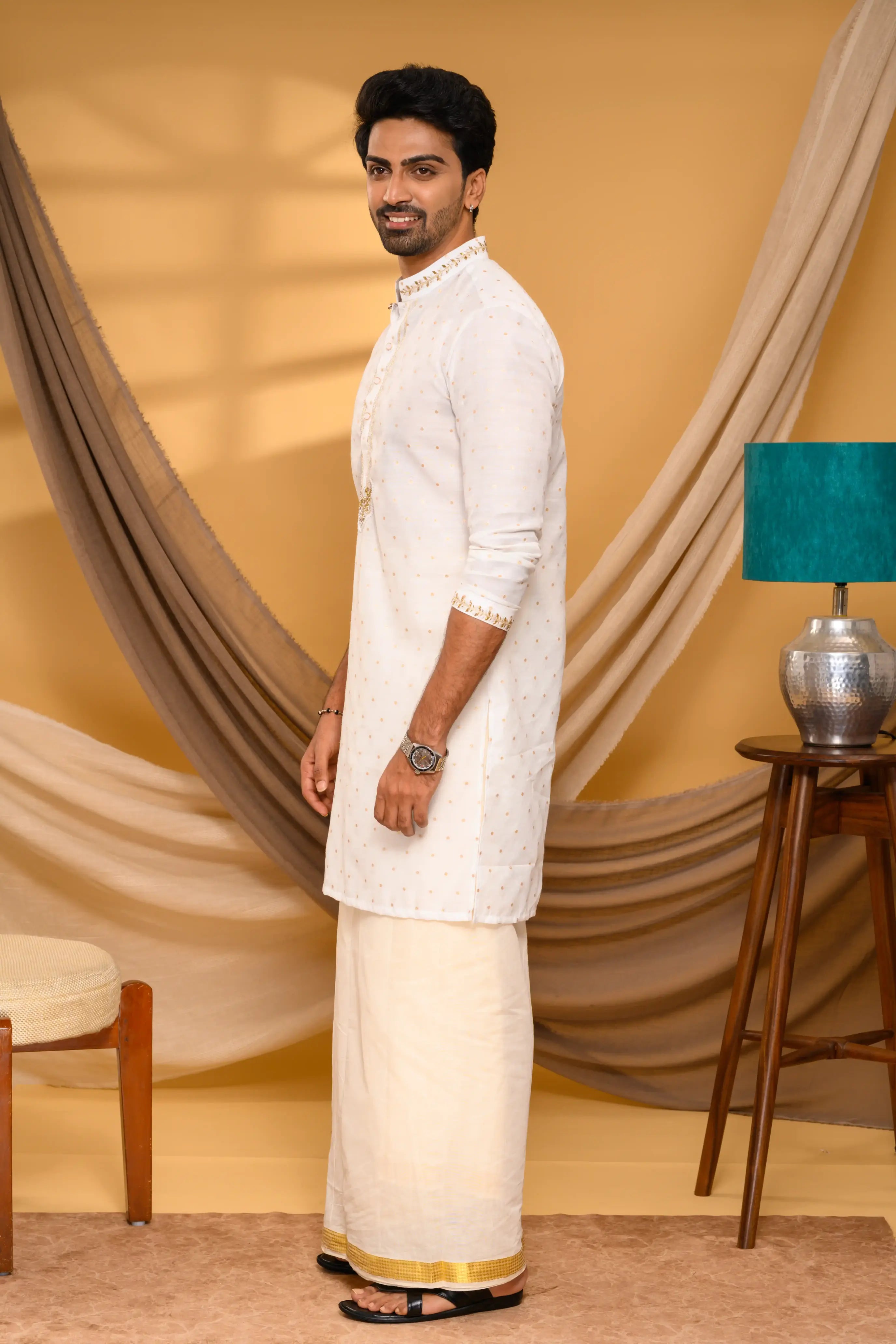 Ivory Shade Silk Kurta with floral buta hand work detailing (Kurta Only)