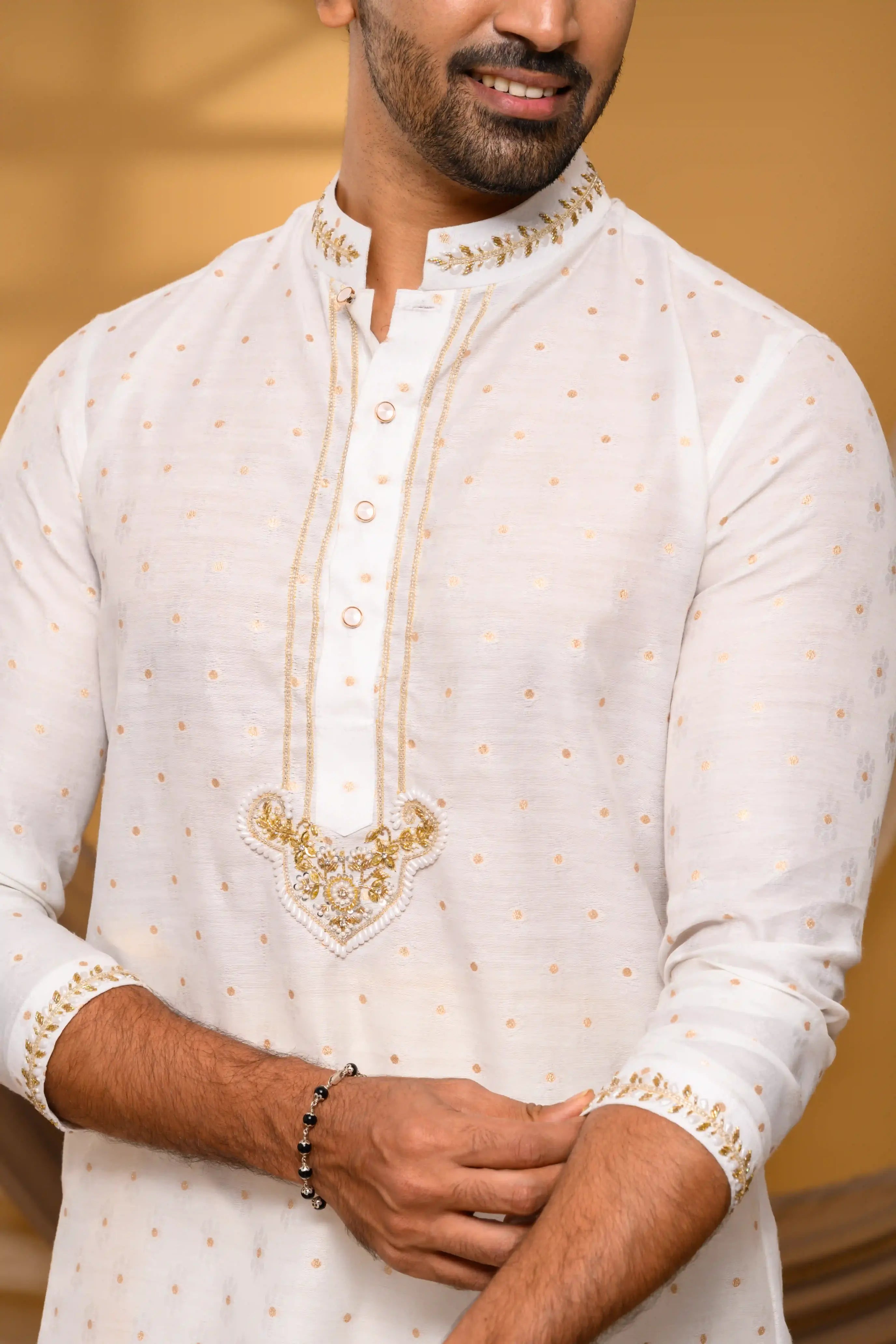 Ivory Shade Silk Kurta with floral buta hand work detailing (Kurta Only)