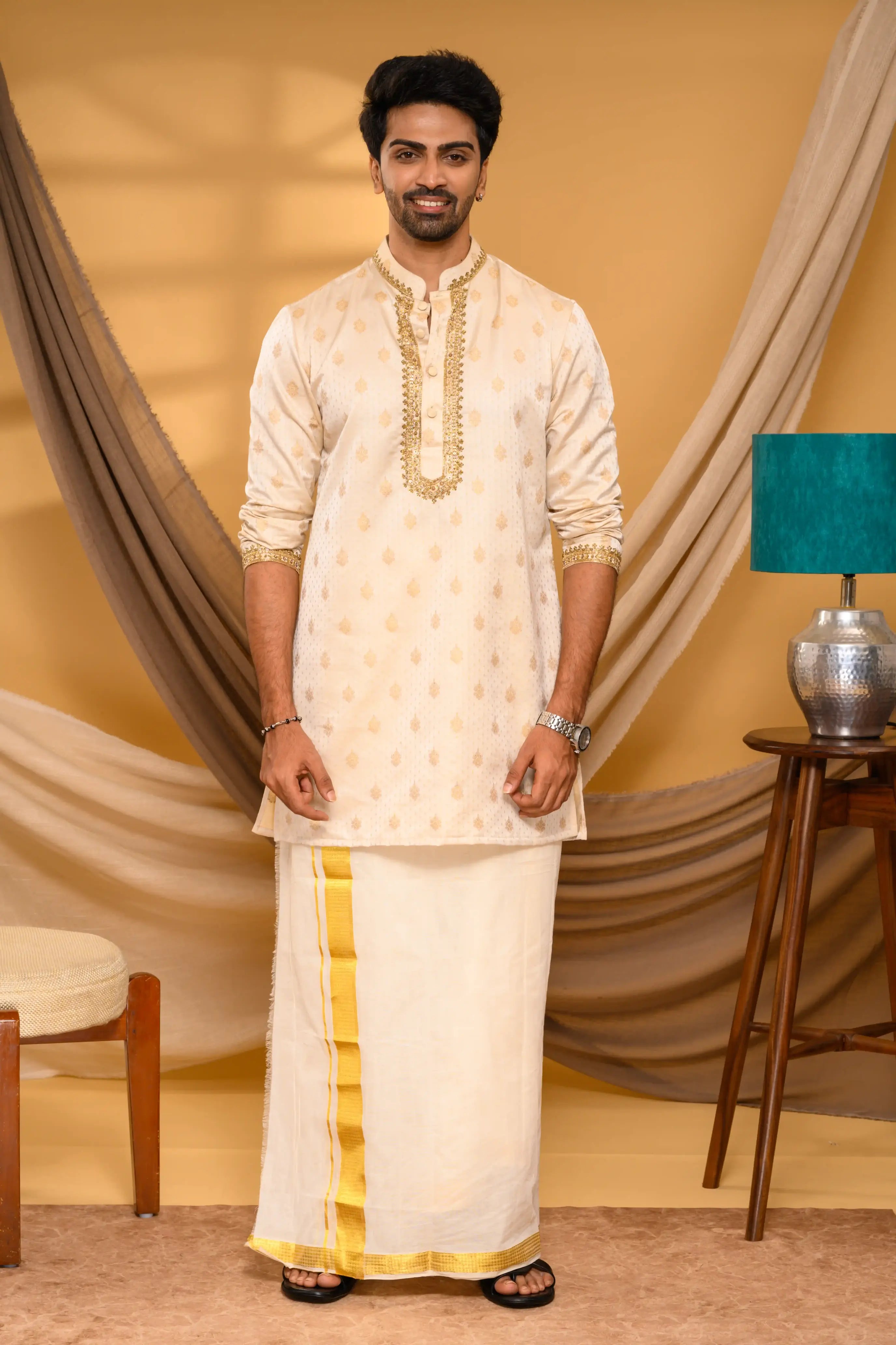 Light Golden Heavy Brocade Silk Kurta with Hand Embroidery Detailing (Kurta Only)