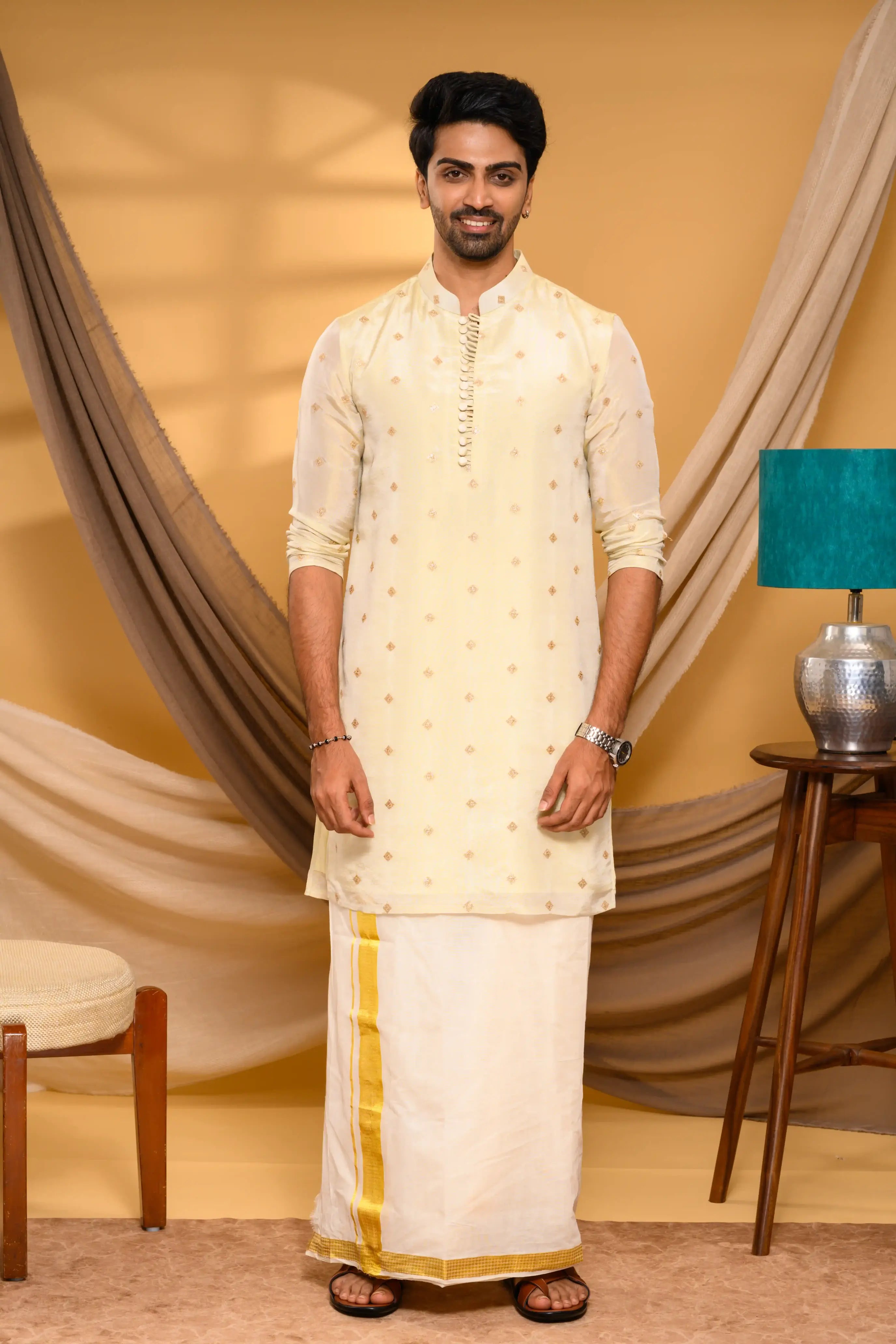 Light Golden Tissue Silk Kurta with Buta detailing  (Kurta Only)