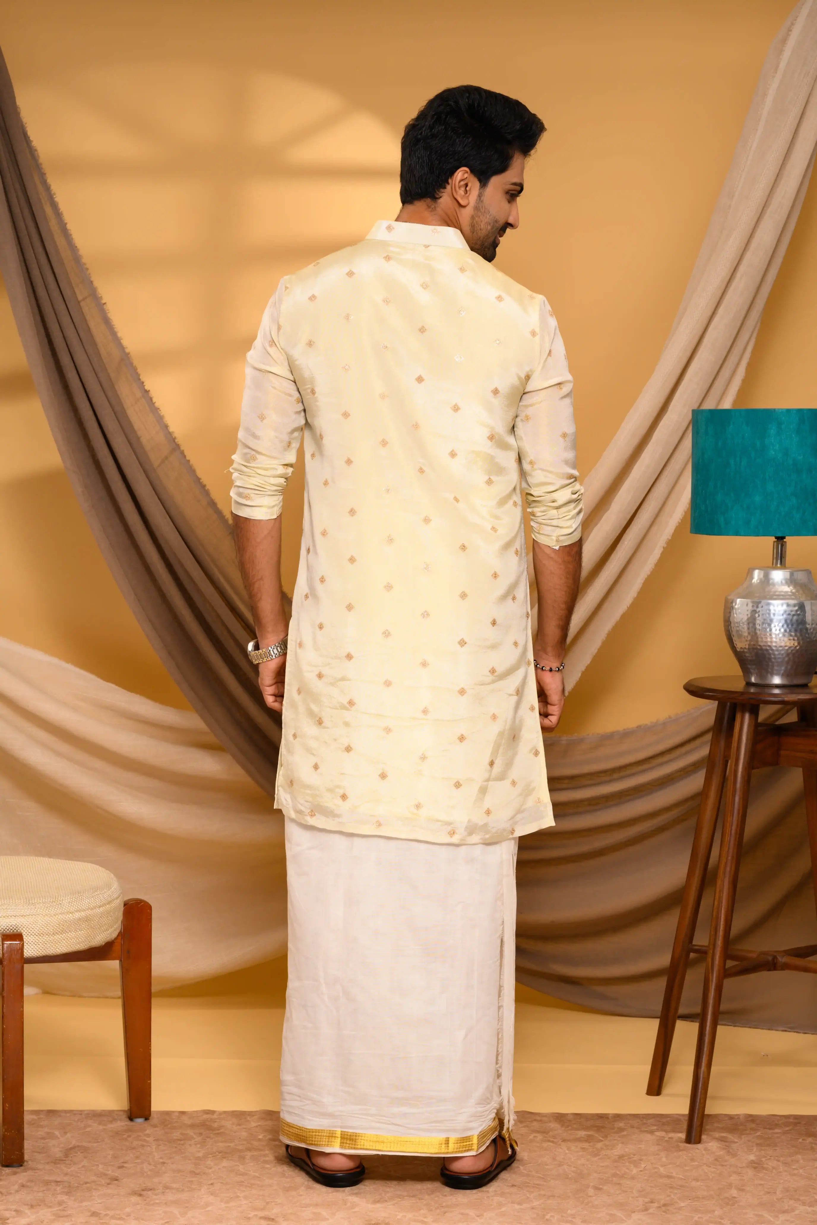 Light Golden Tissue Silk Kurta with Buta detailing  (Kurta Only)